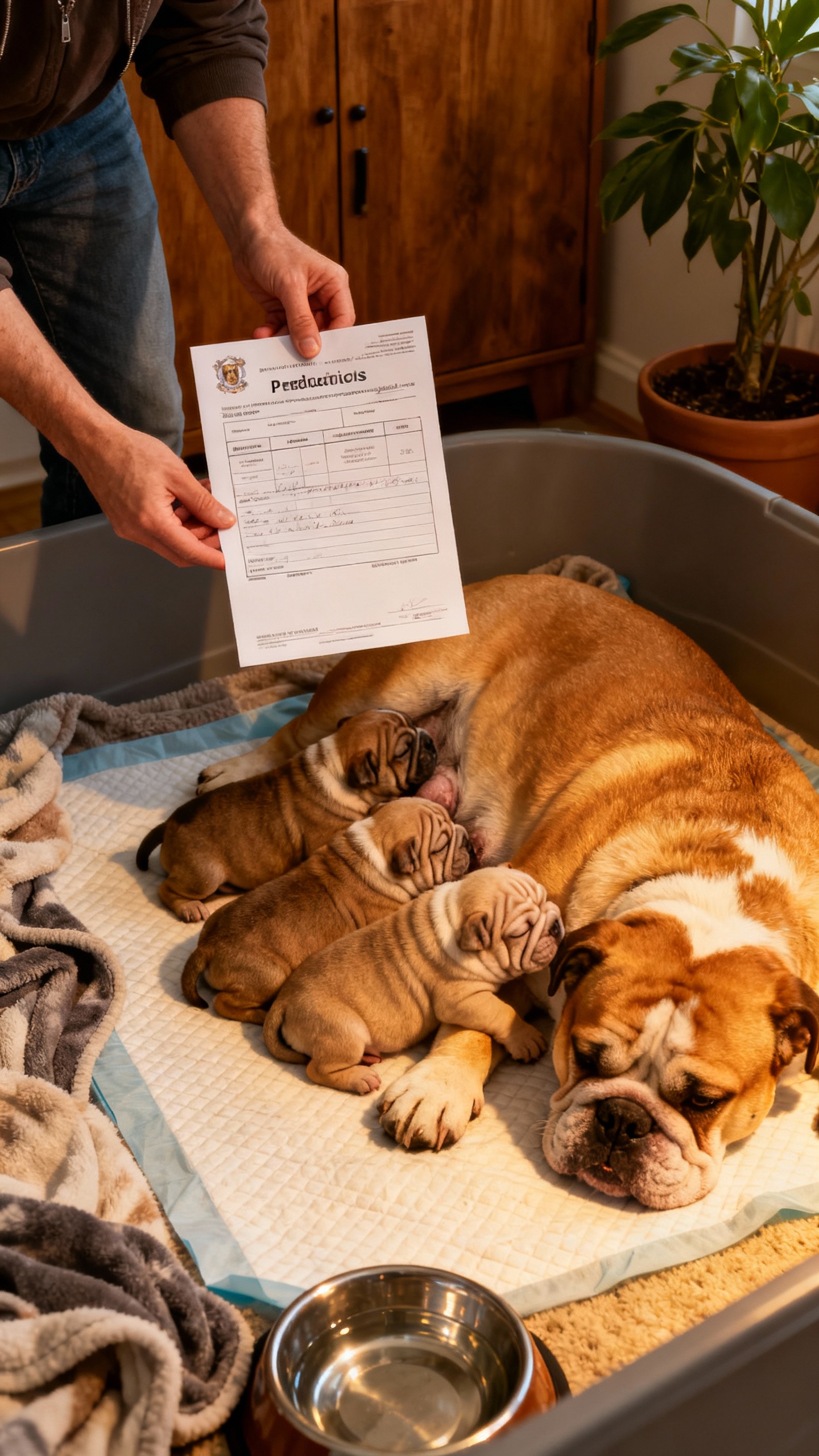 Breeder holding pedigree papers beside bulldog mom with puppies, home whelping area