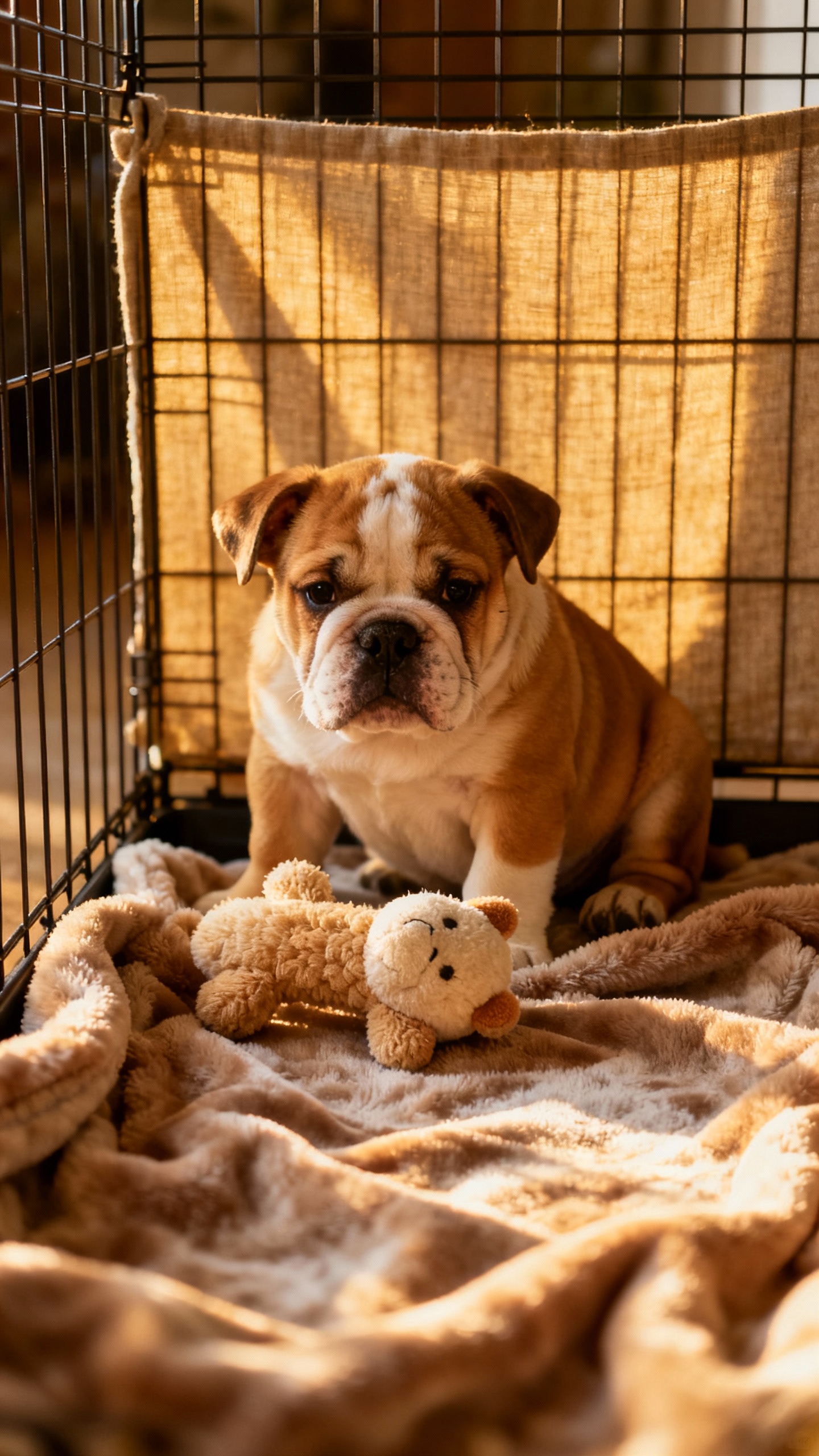 Bulldog puppy in crate with divider, soft chew toy, cozy blanket