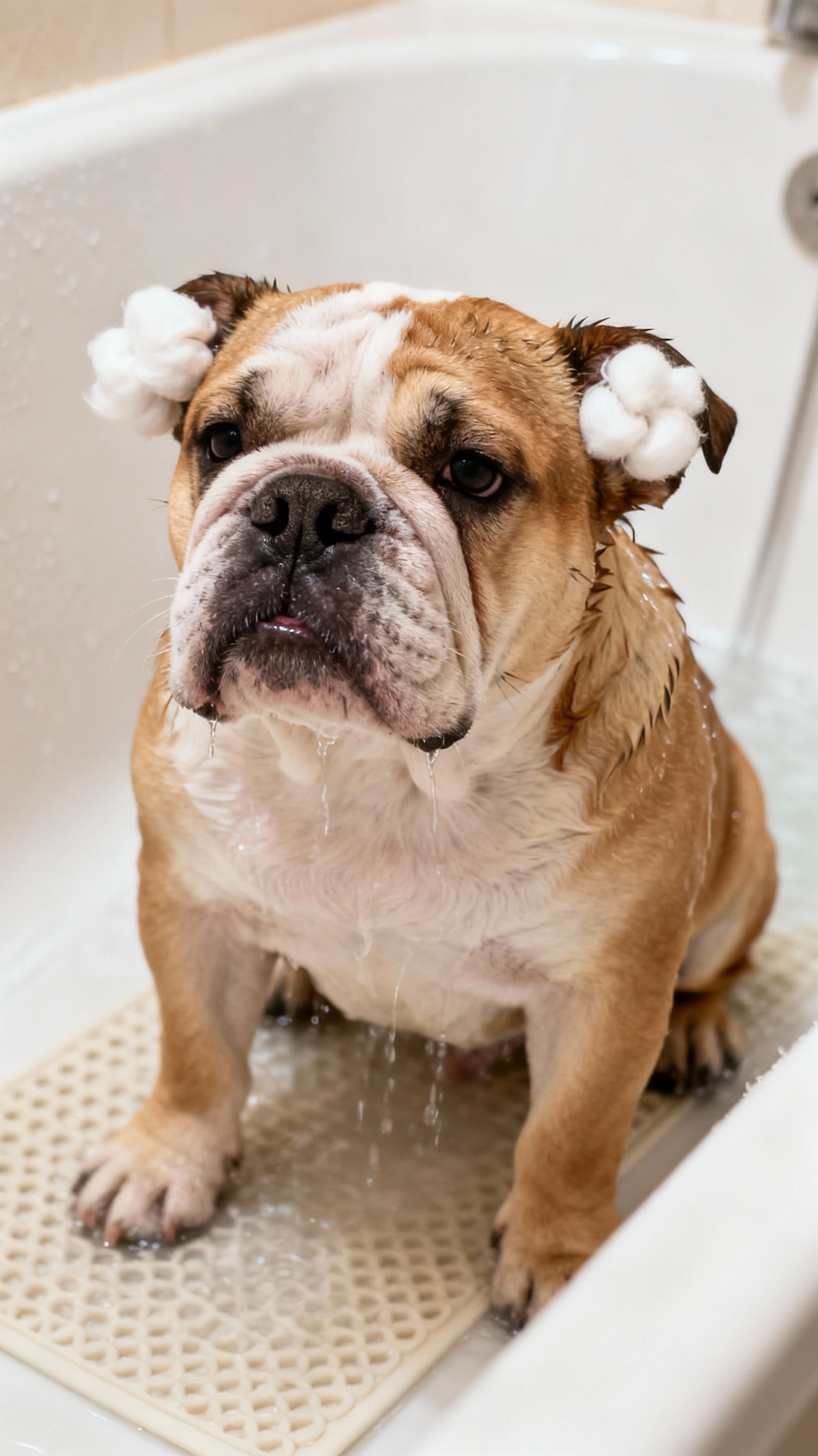 Bulldog puppy in tub on non-slip mat, lukewarm shower rinse, cotton balls in ears