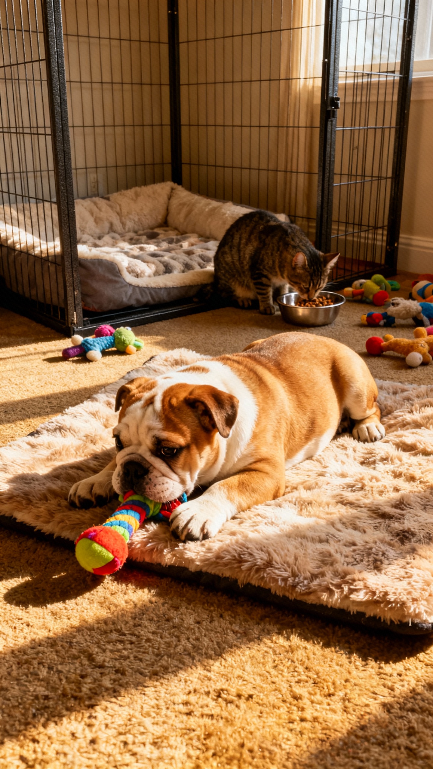 Bulldog puppy lying on mat with chew toy, cat eating in safe room