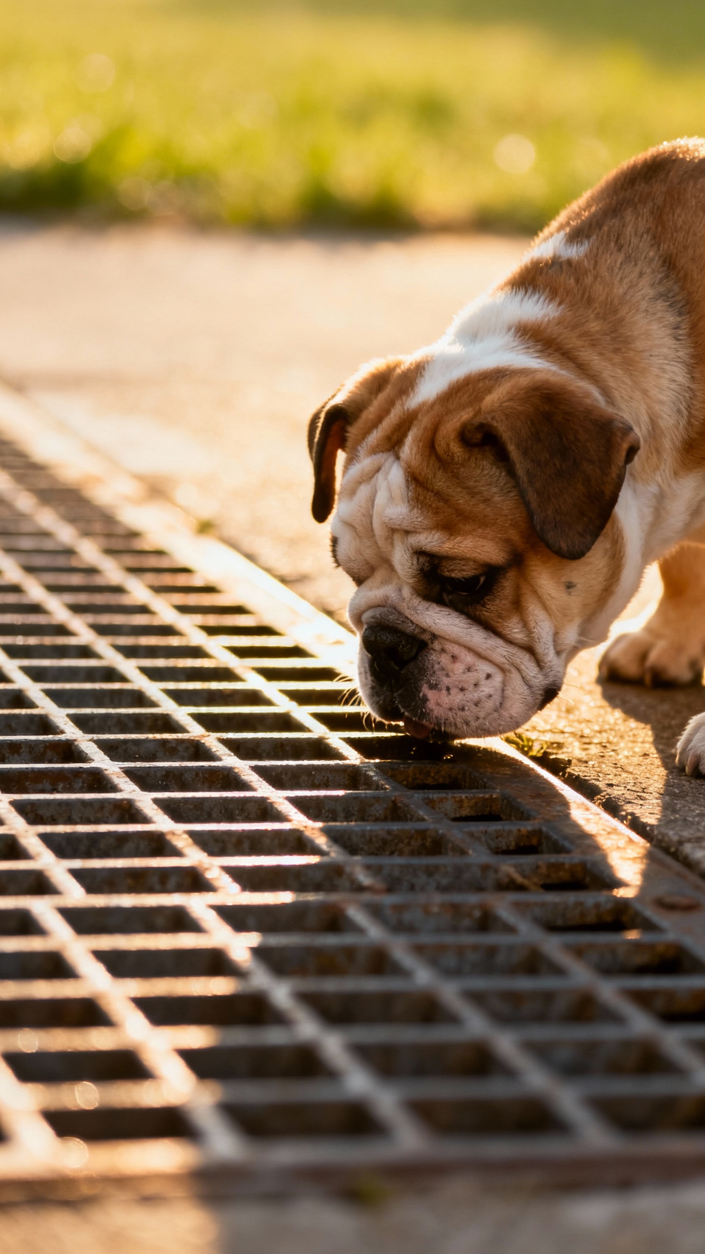 Bulldog puppy sniffing metal grate, low angle, soft morning light