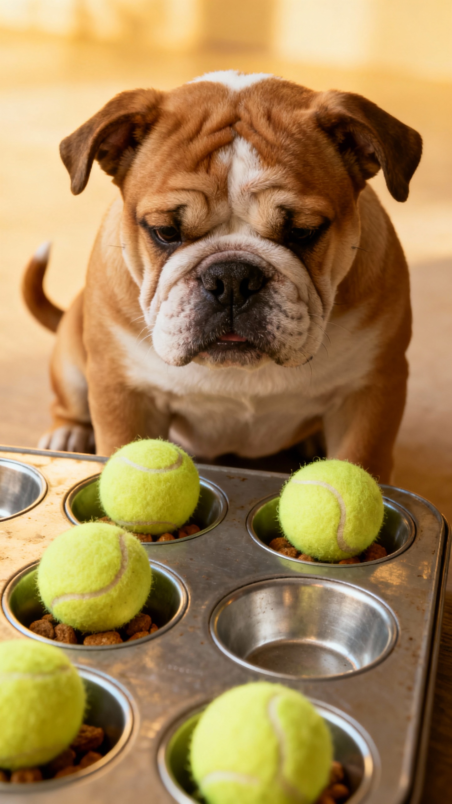 Bulldog puppy solving muffin tin game, tennis balls covering treats