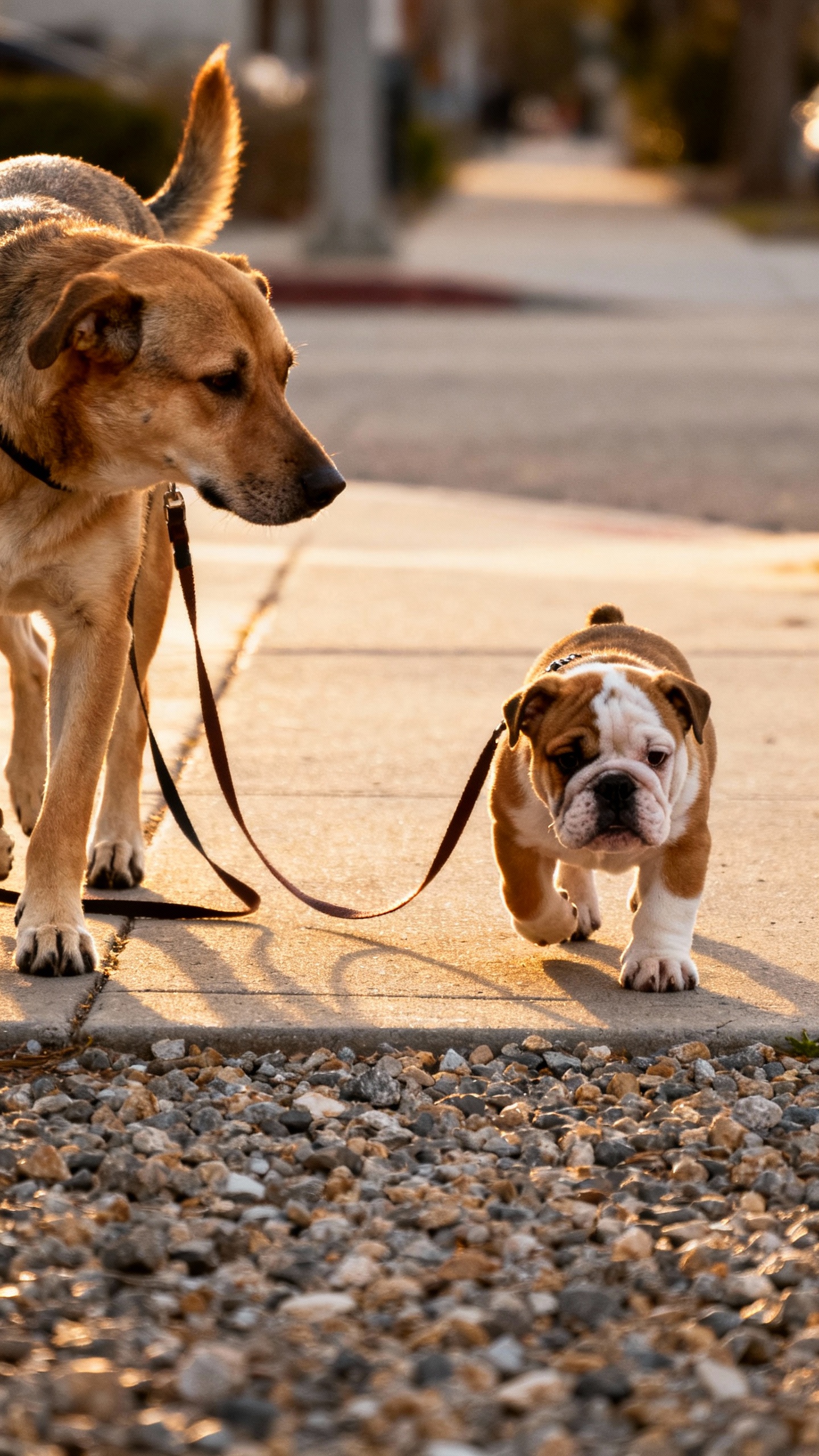 Calm adult dog parallel walking beside bulldog puppy, loose leashes, sidewalk gravel