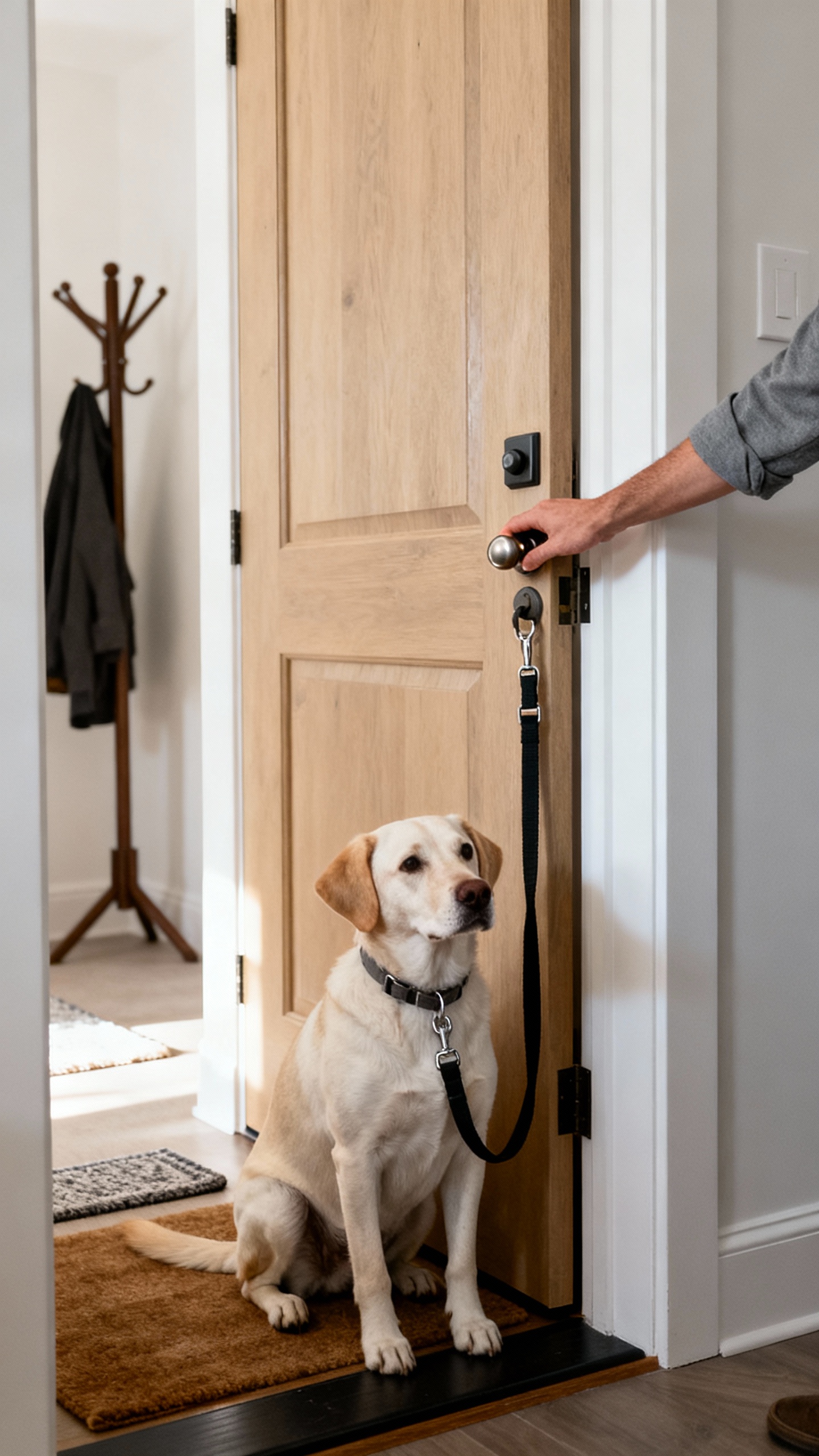 Calm sit at doorway threshold, leash clipped, hand on doorknob, neutral-tone entryway