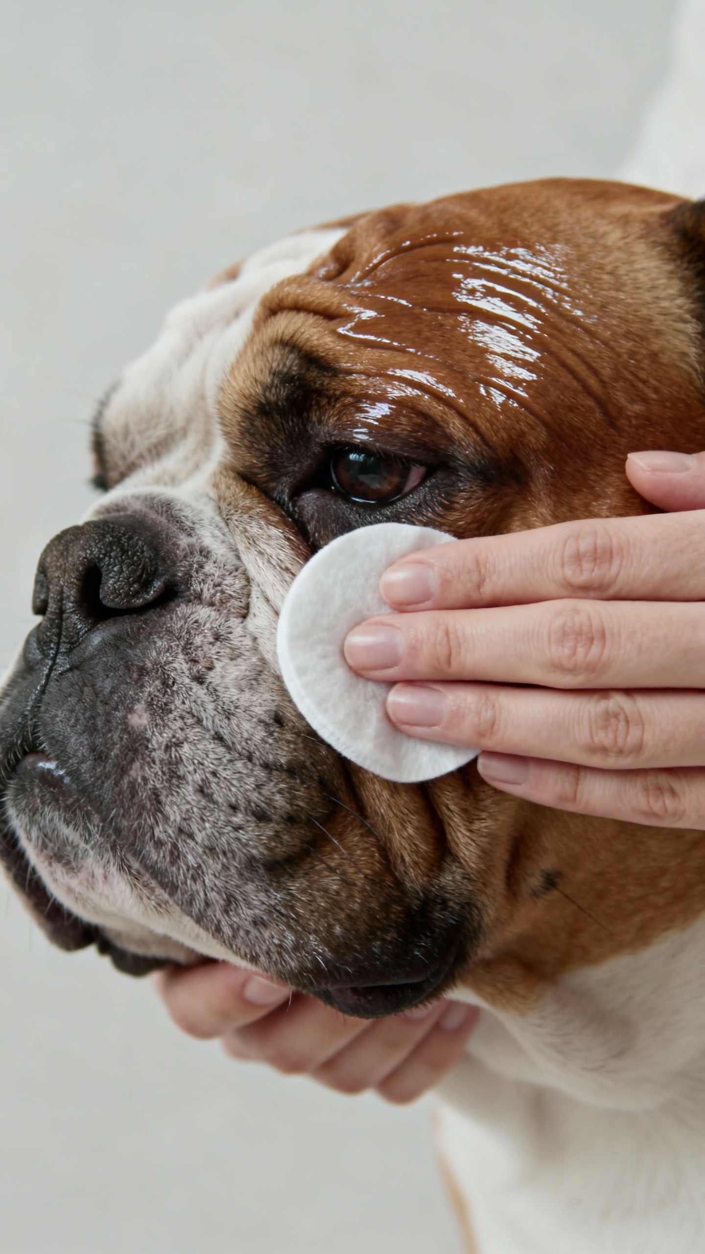 Clean hands wiping bulldog facial wrinkles, cotton pad, glossy folds