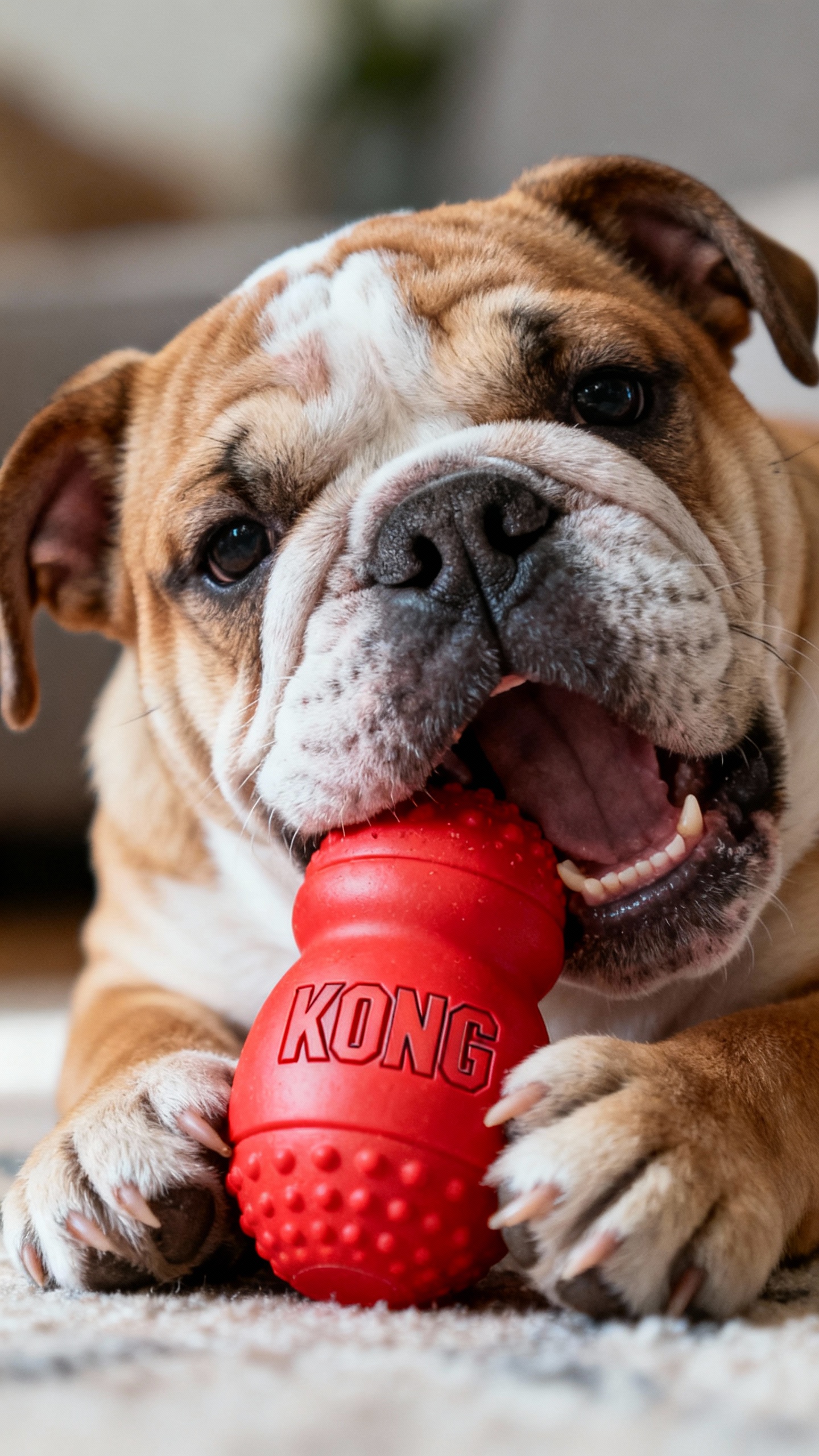 Closeup bulldog puppy chewing red rubber KONG, teething gums