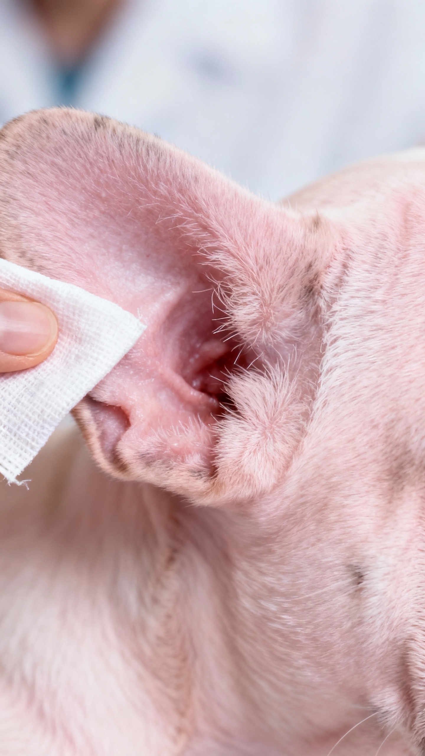 Closeup bulldog puppy ear canal, pale pink, gauze wiping