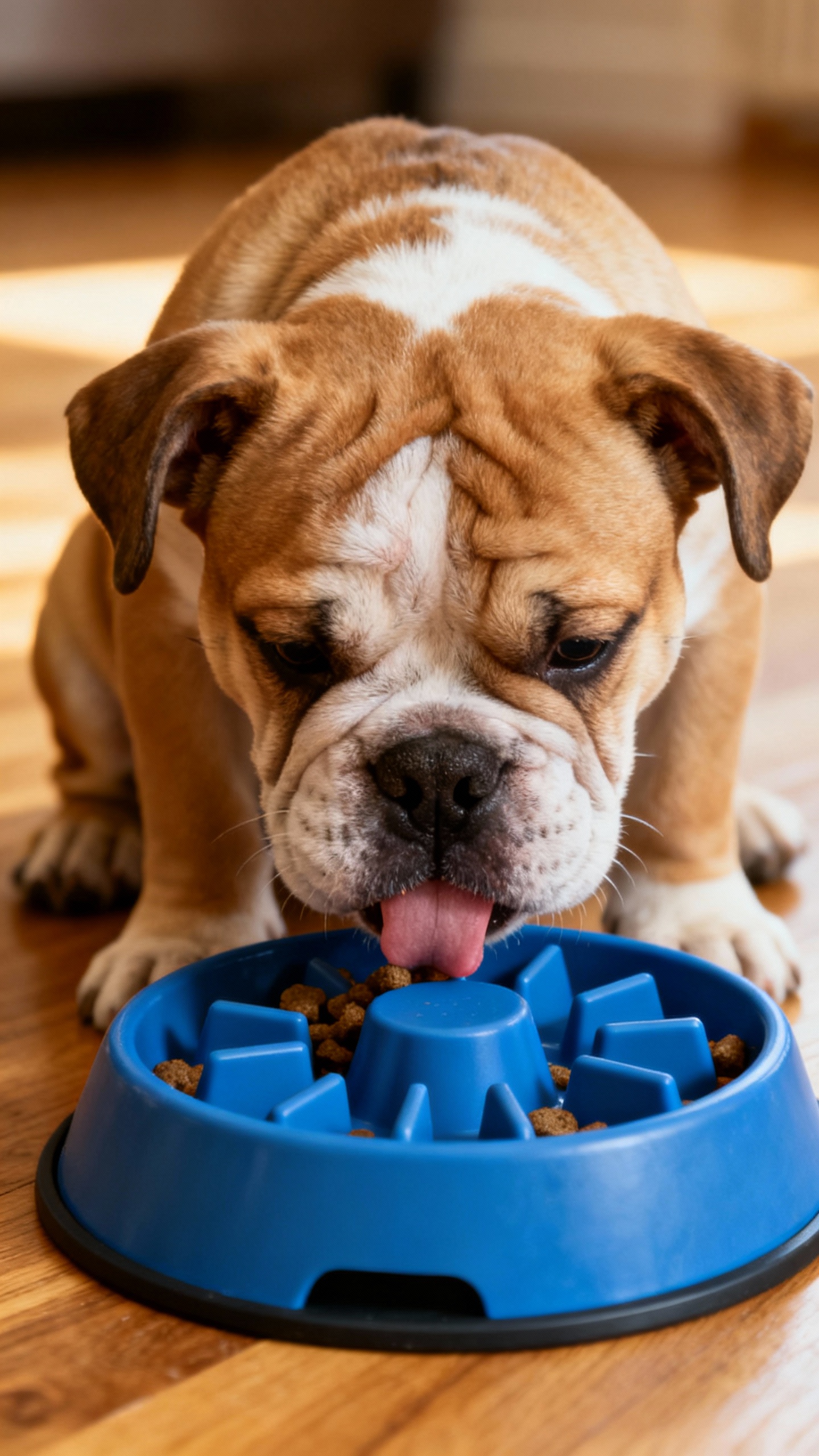 Closeup bulldog puppy eating from blue slow feeder bowl