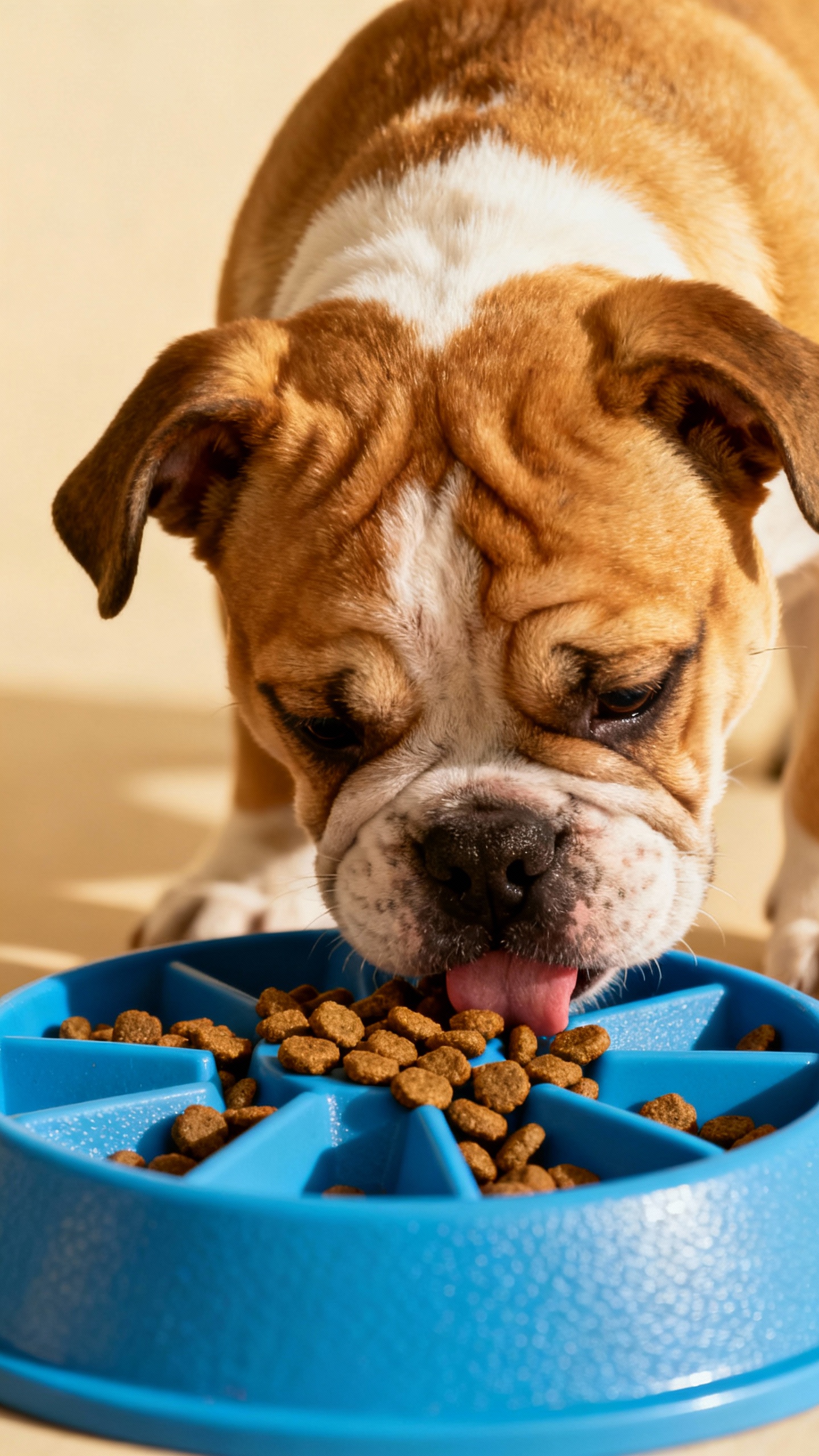 Closeup bulldog puppy eating kibble from blue slow-feeder bowl