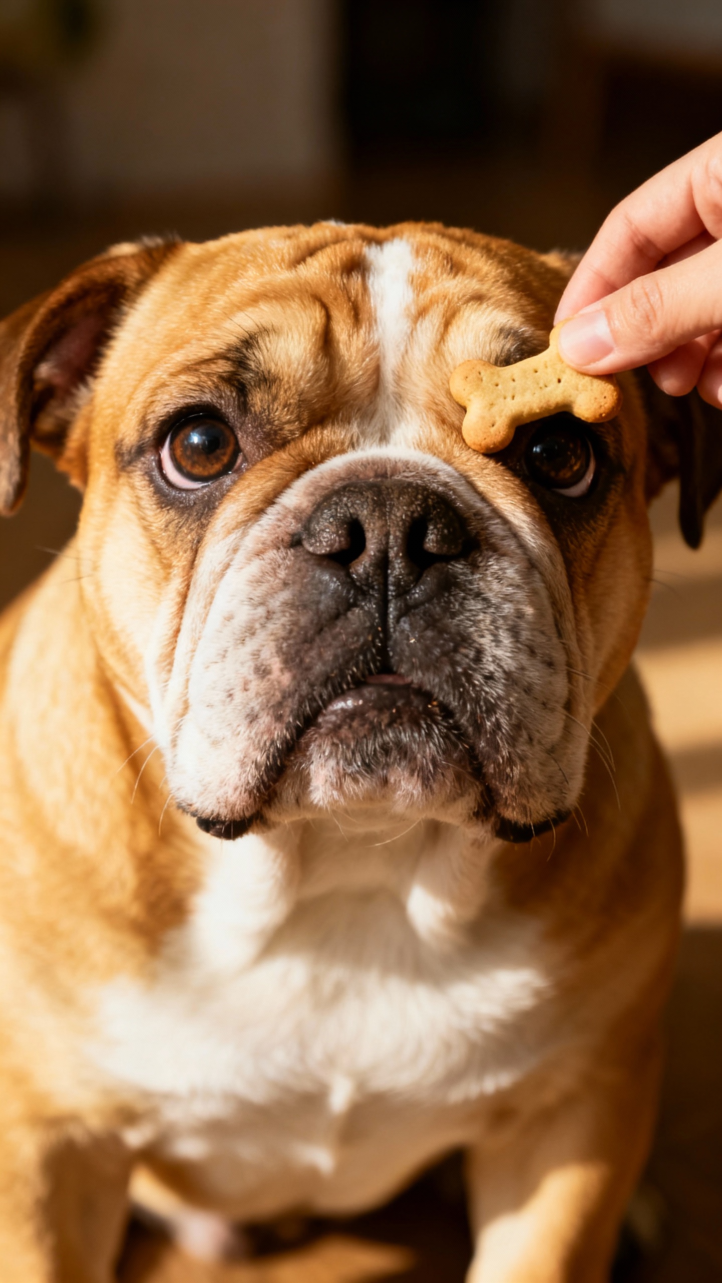 Closeup bulldog puppy eye contact, treat near eyes, indoor soft light
