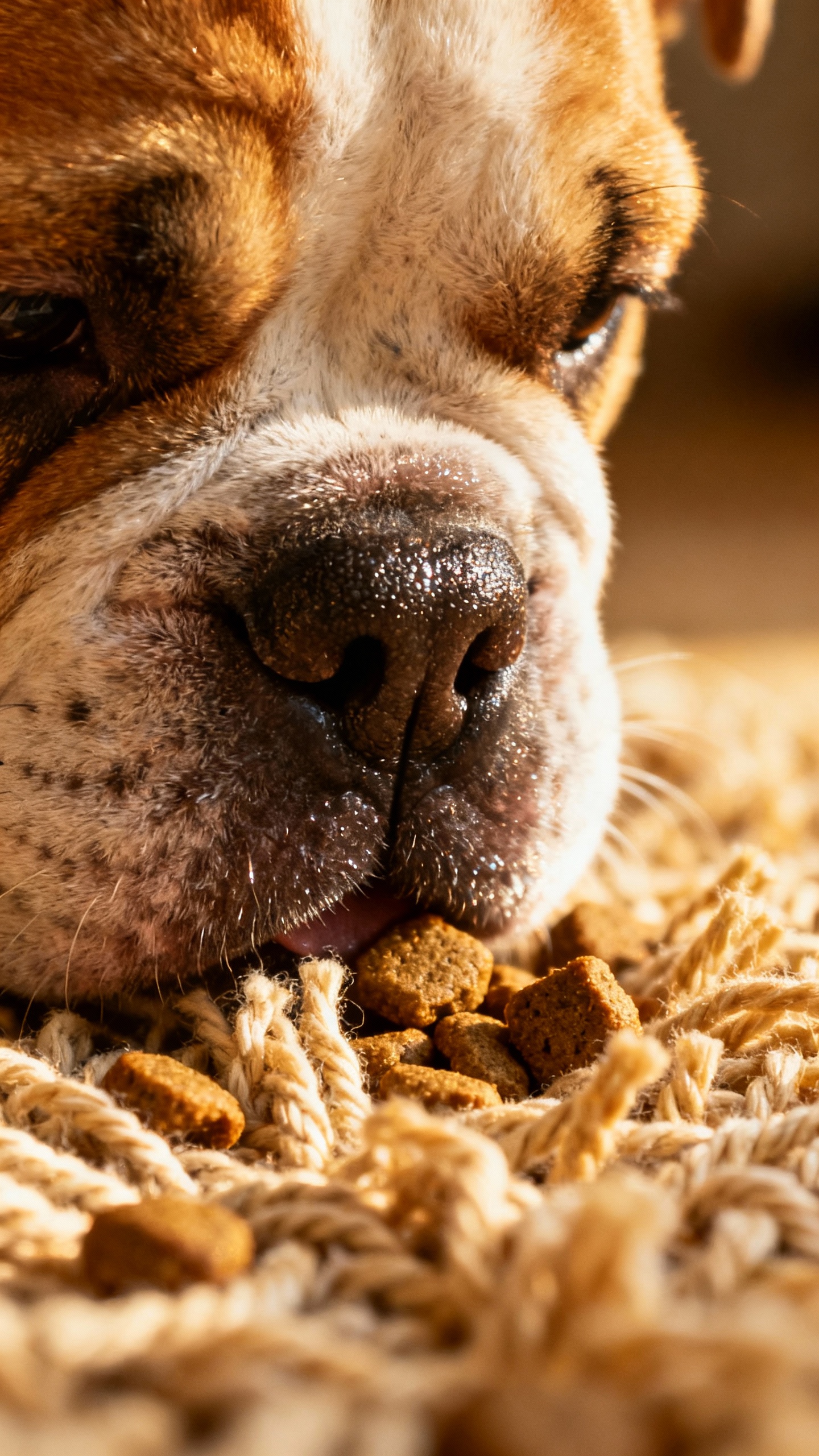 Closeup bulldog puppy nose sniffing snuffle mat, kibble hidden