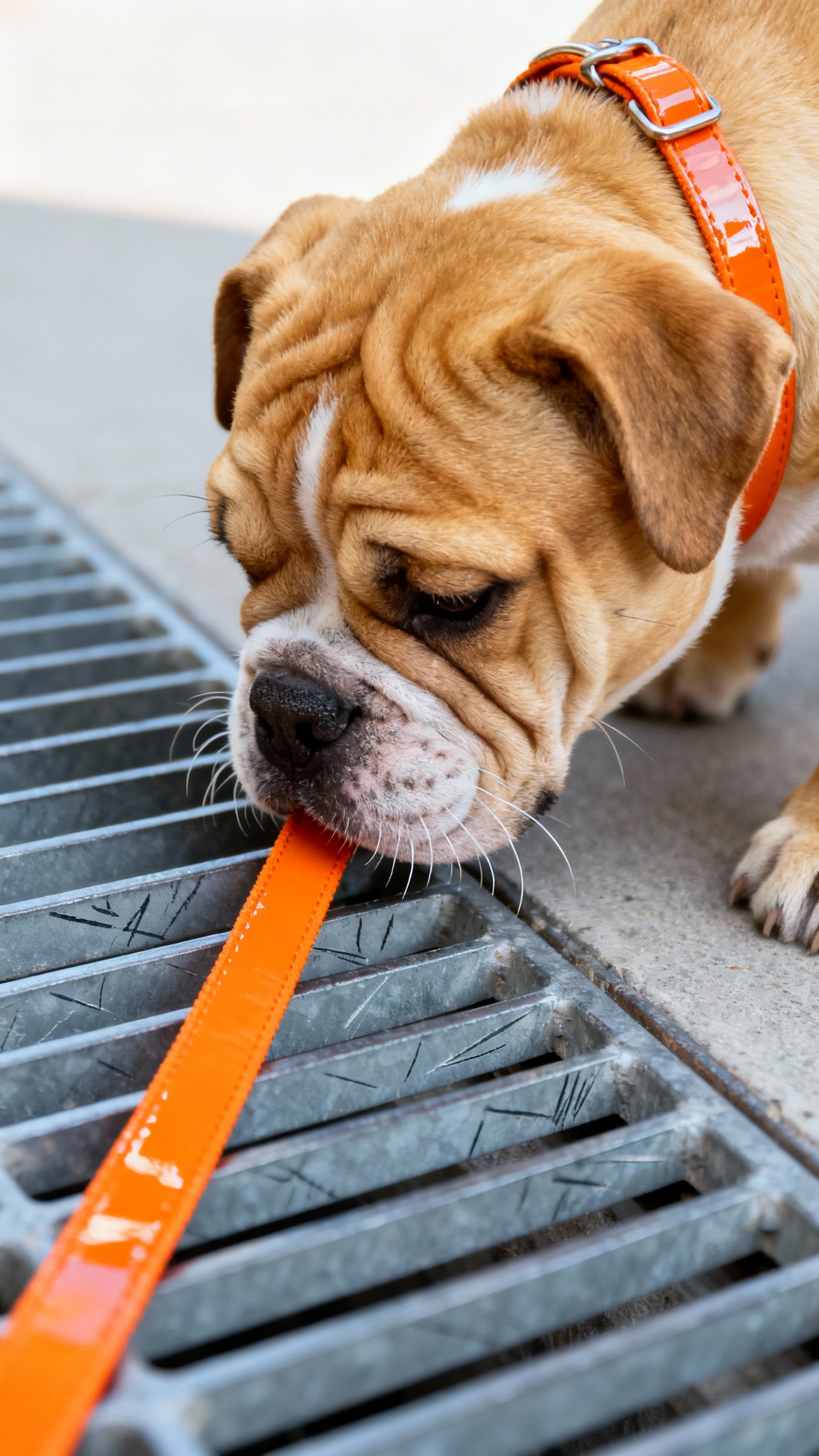 Closeup bulldog puppy sniffing metal grate surface, bright leash