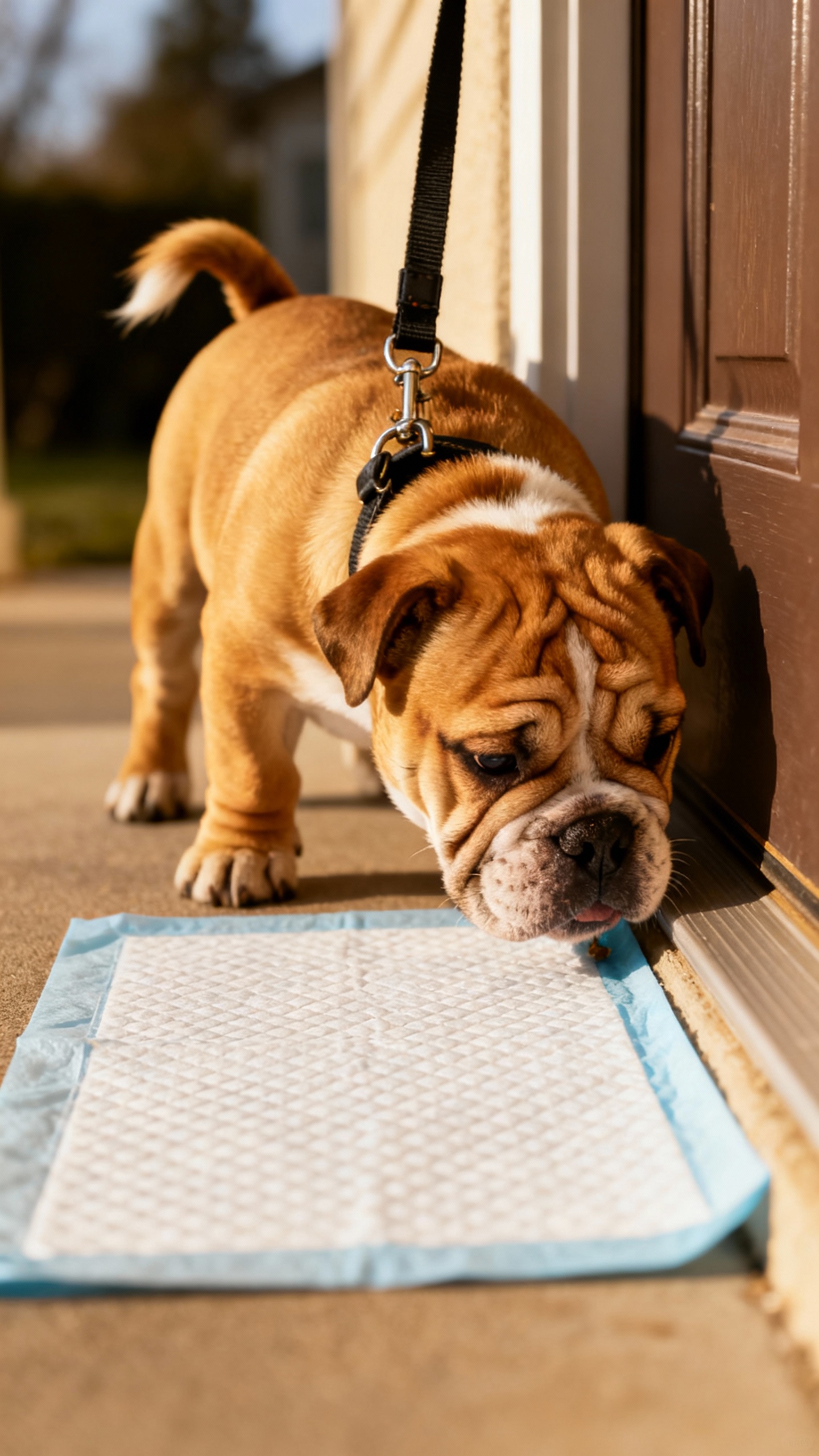 Closeup bulldog puppy sniffing pee pad by door, leash attached