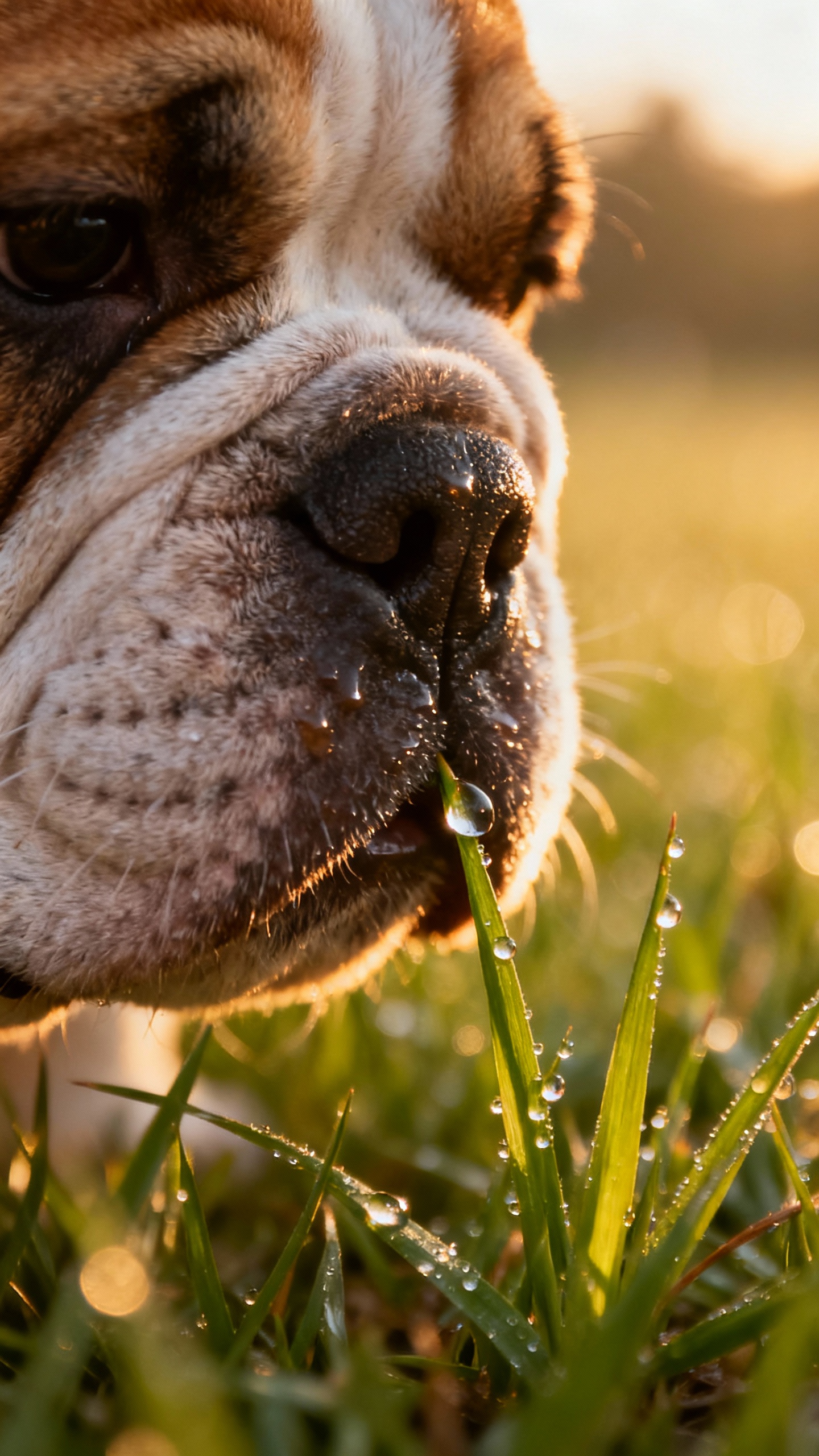 Closeup bulldog puppy sniffing single grass spot, morning dew