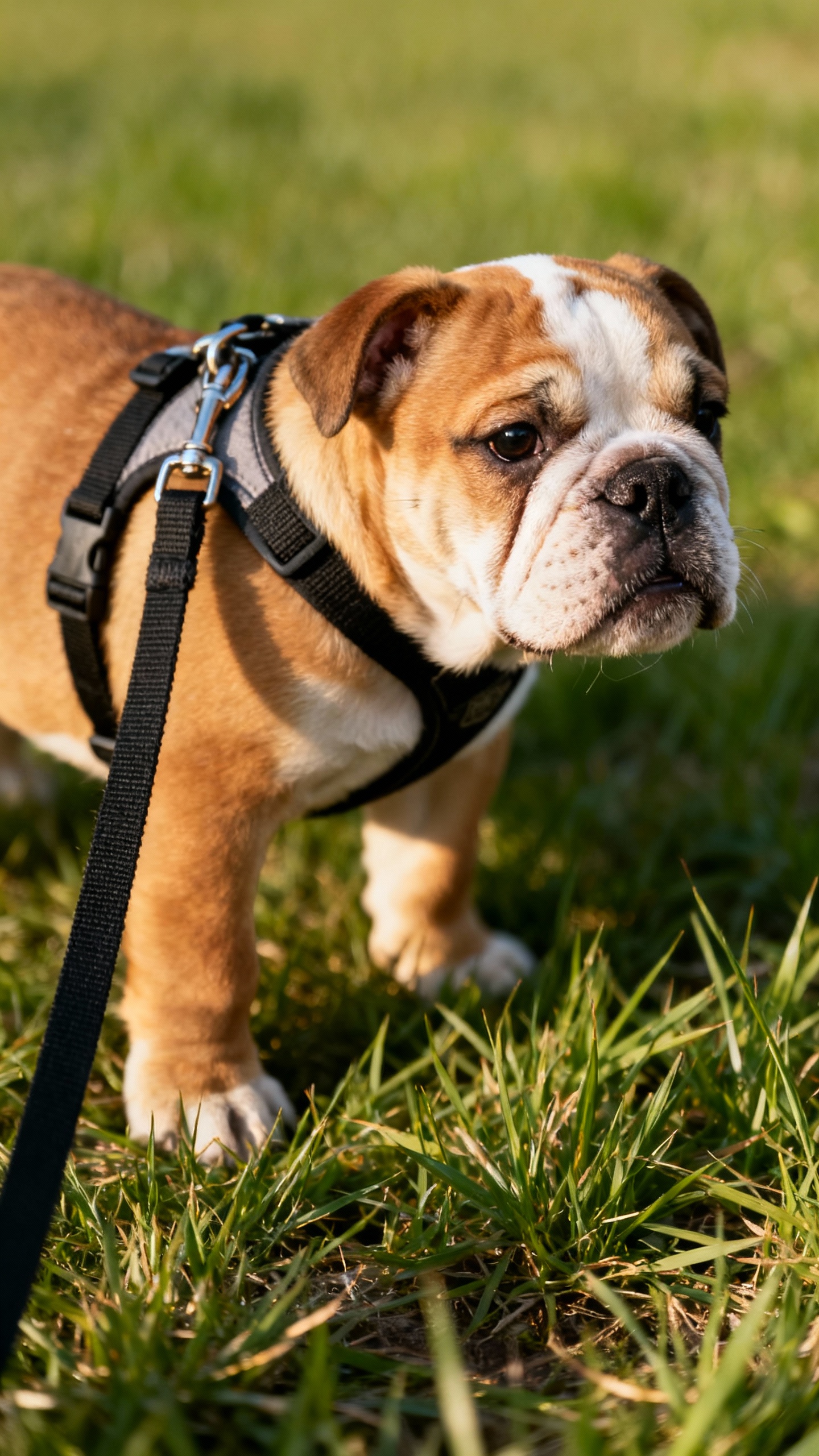 Closeup bulldog puppy wearing harness on 6ft leash, grass texture