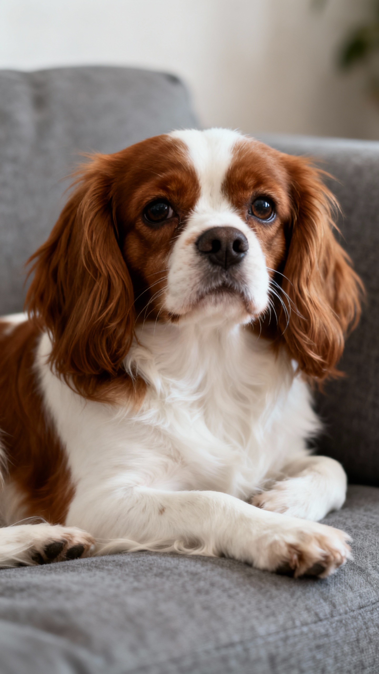 Closeup Cavalier King Charles Spaniel on gray couch, soft eyes, silky chestnut-white fur