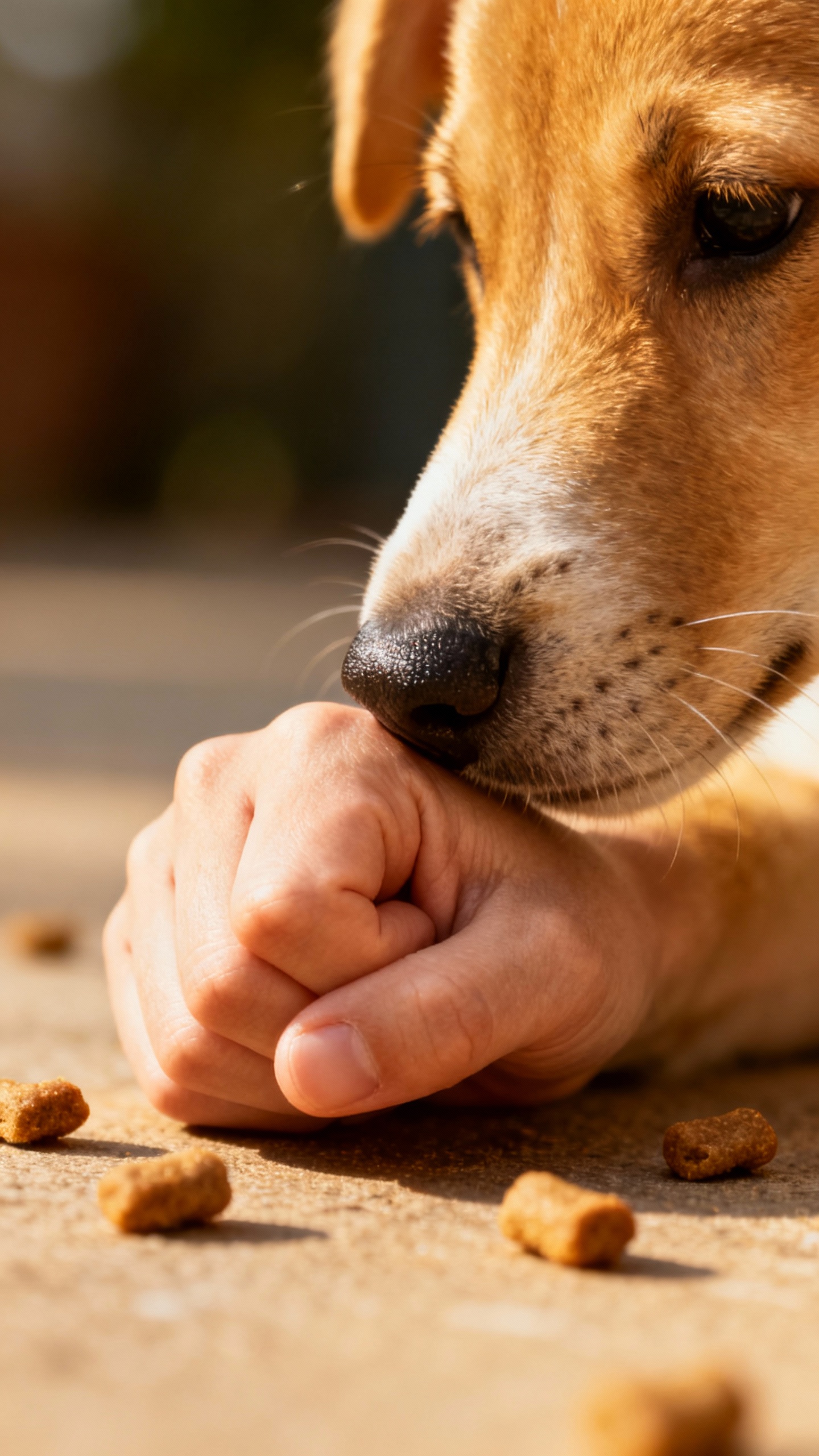 Closeup closed fist “leave it” training, puppy nose and treats