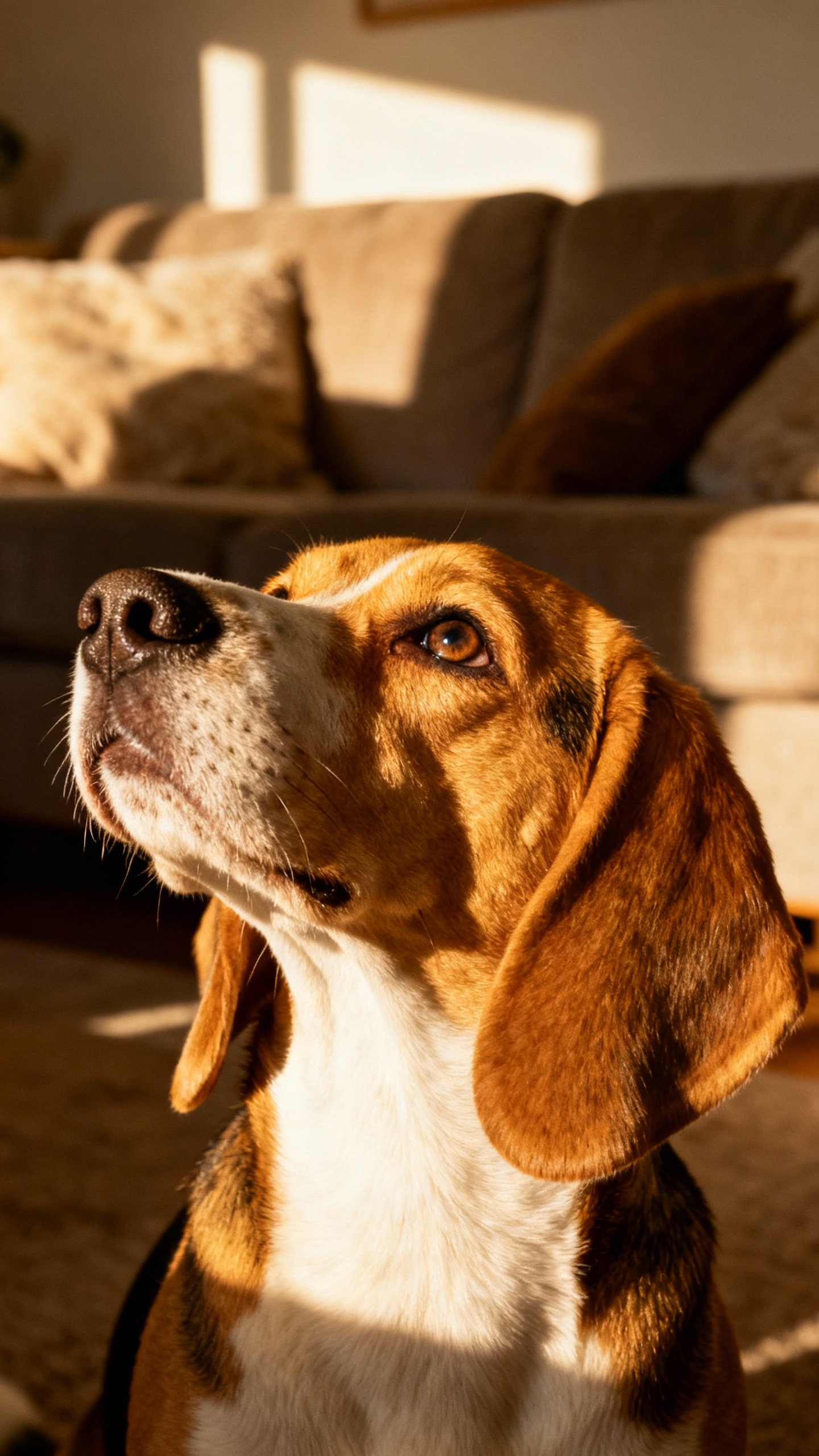 Closeup of beagle with floppy ears tilting, focused eyes, living room background, warm afternoon lig