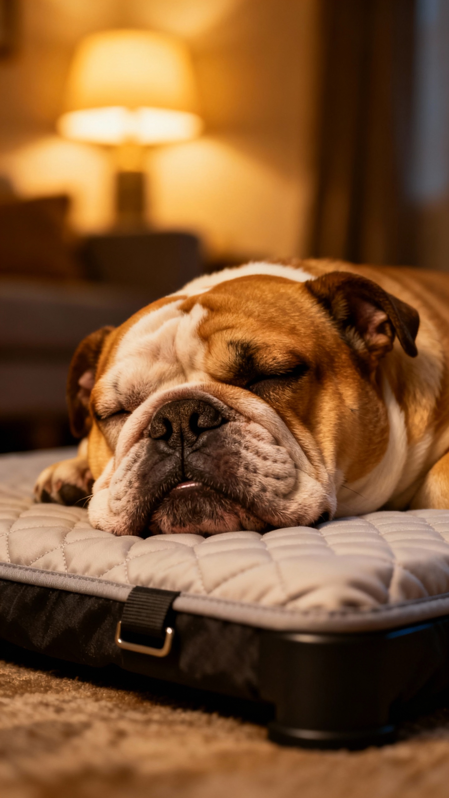 Closeup of brachycephalic bulldog snoring on orthopedic bed, soft lamplight