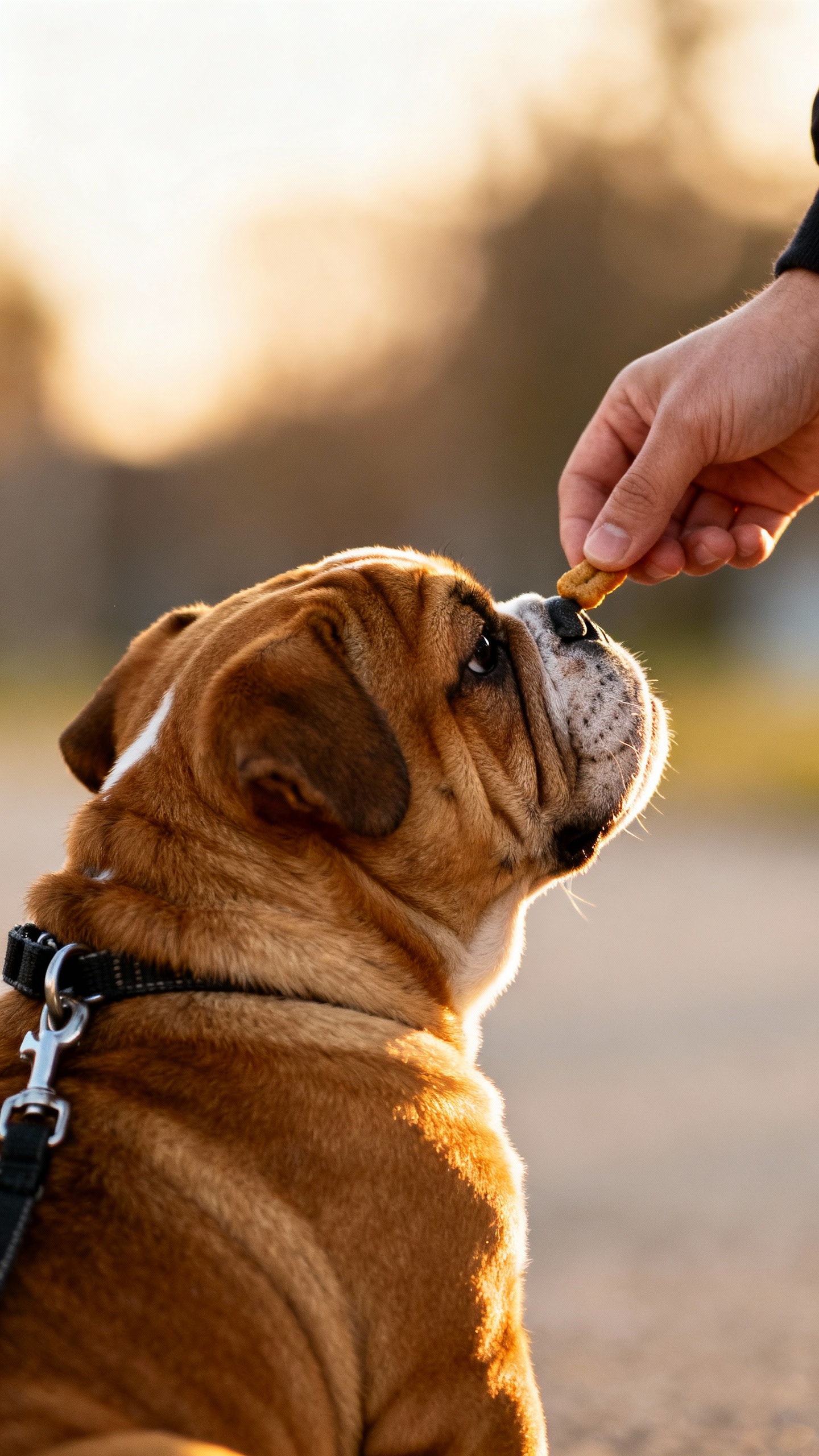 Closeup of bulldog puppy on leash, looking away, treat near nose