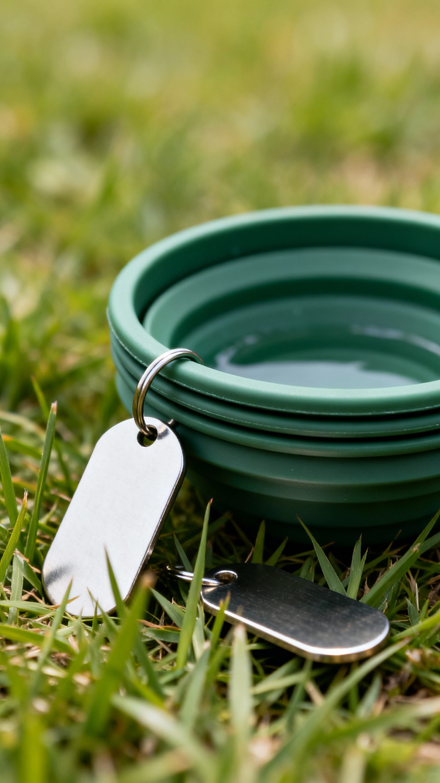 Closeup of collapsible silicone water bowl and metal ID tags on grass