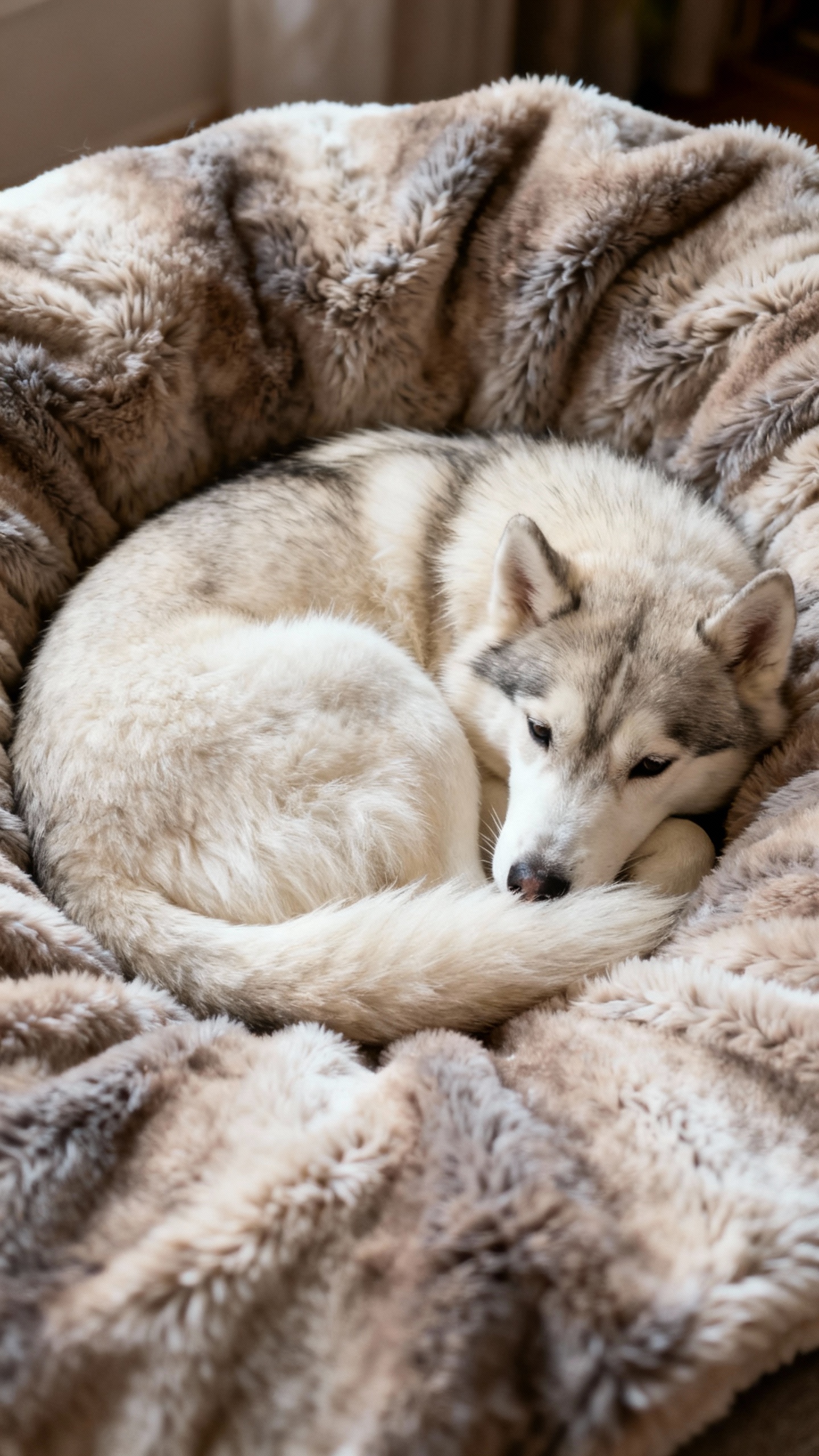 Closeup of curled husky donut position on fleece blanket