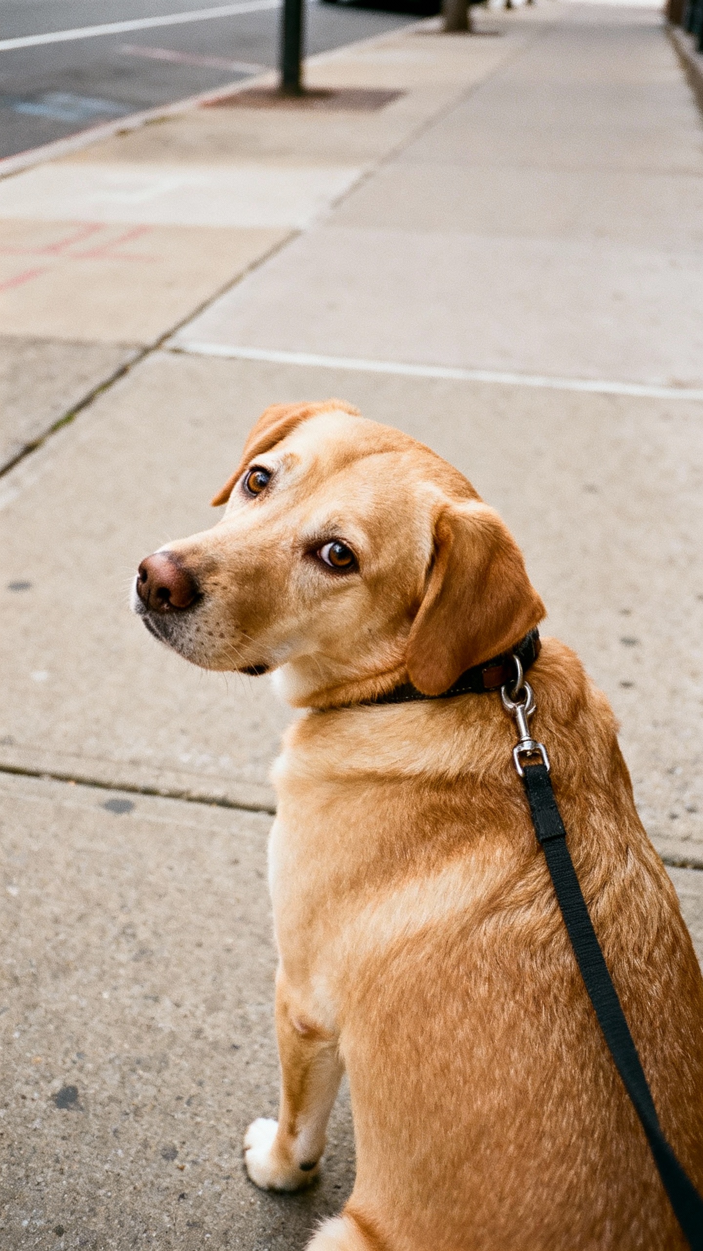 Closeup of dog glancing back on leash, city sidewalk, soft eyes