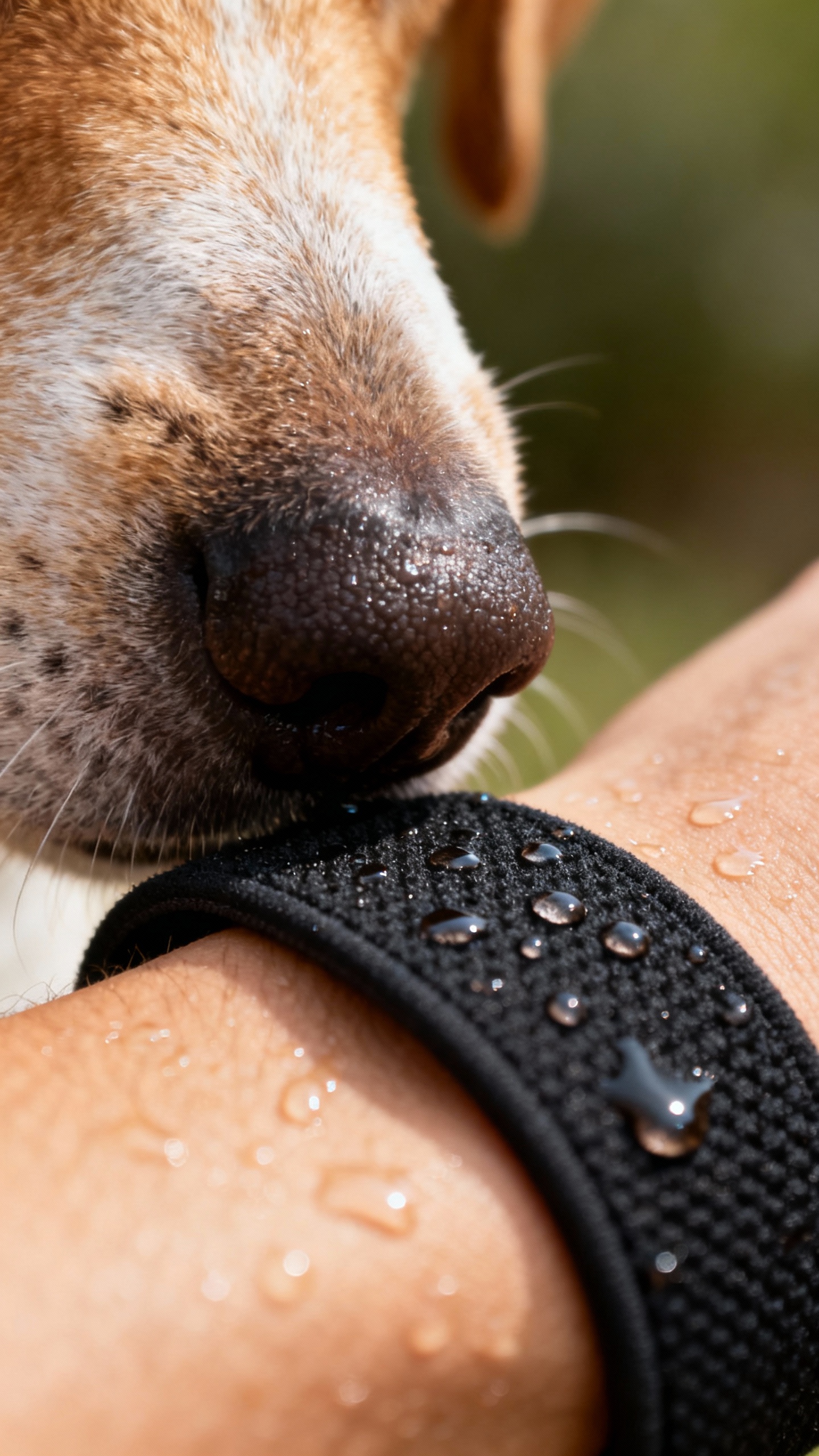 Closeup of dog nose sniffing sweaty wristband, beads of sweat