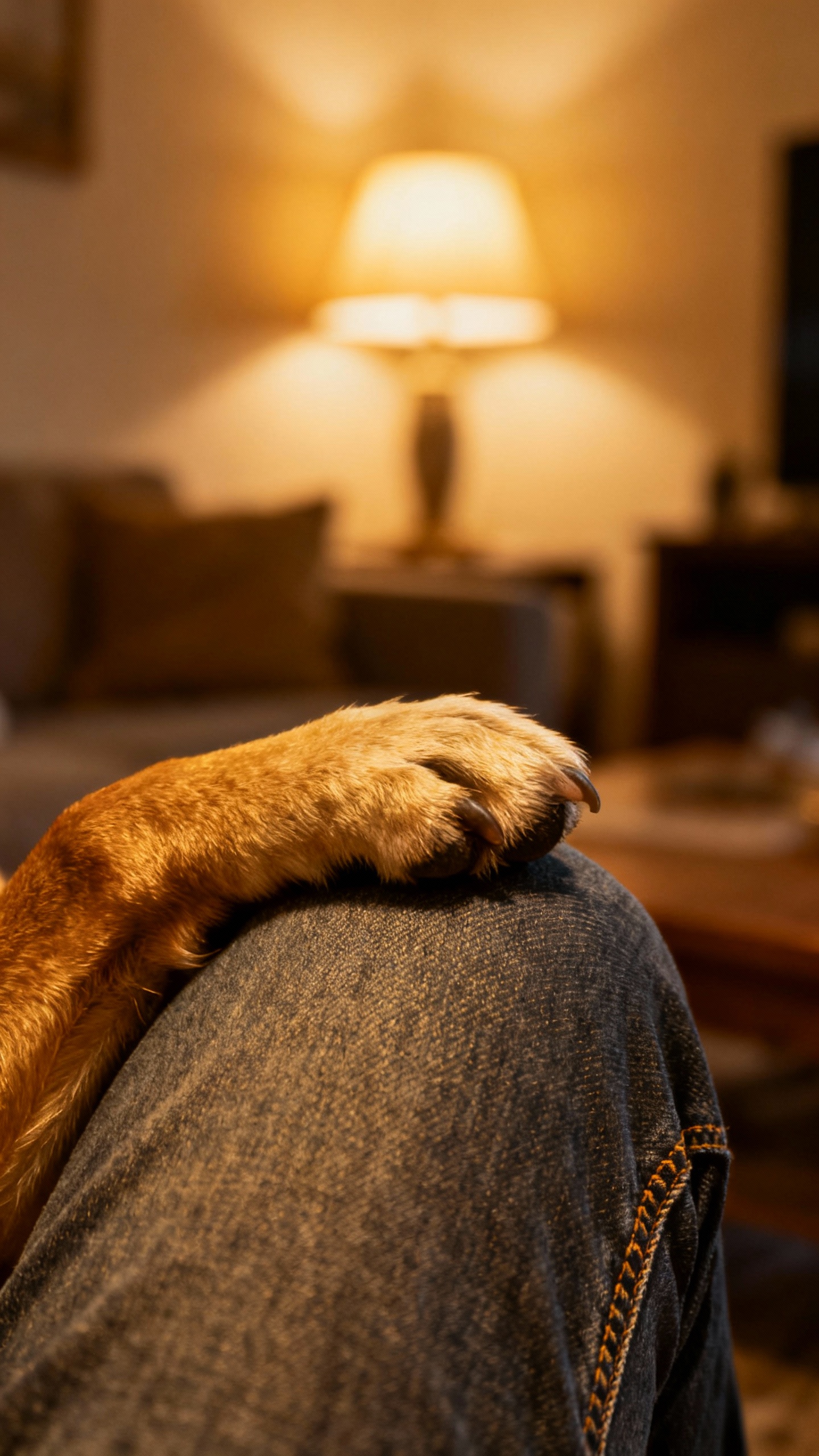 Closeup of dog paw on human knee, living room, soft lamplight