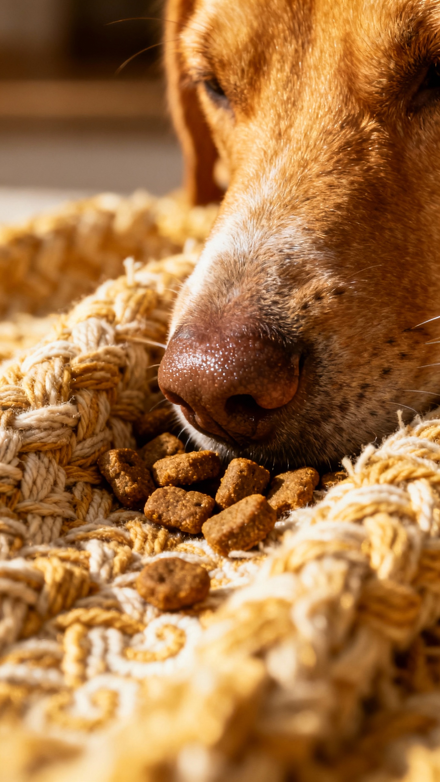 Closeup of dog snout in snuffle mat, kibble nestled in fabric
