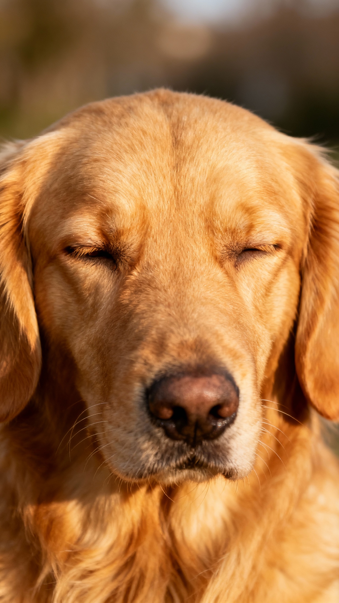 Closeup of golden retriever soft eyes, relaxed ears, gentle blink