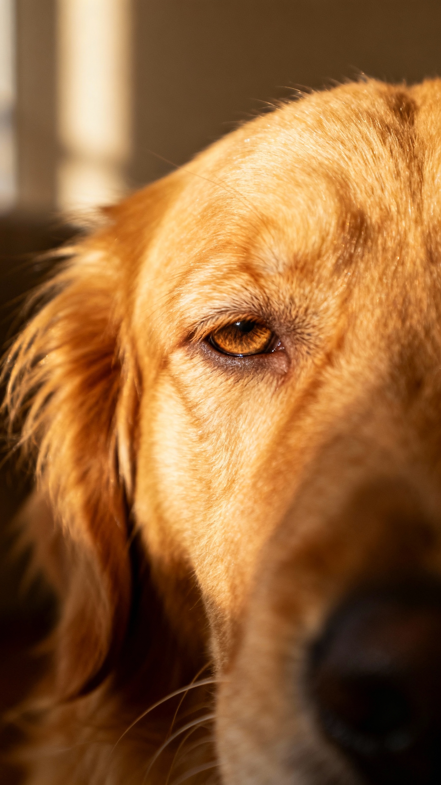 Closeup of golden retriever’s soft blinky eyes, warm indoor light