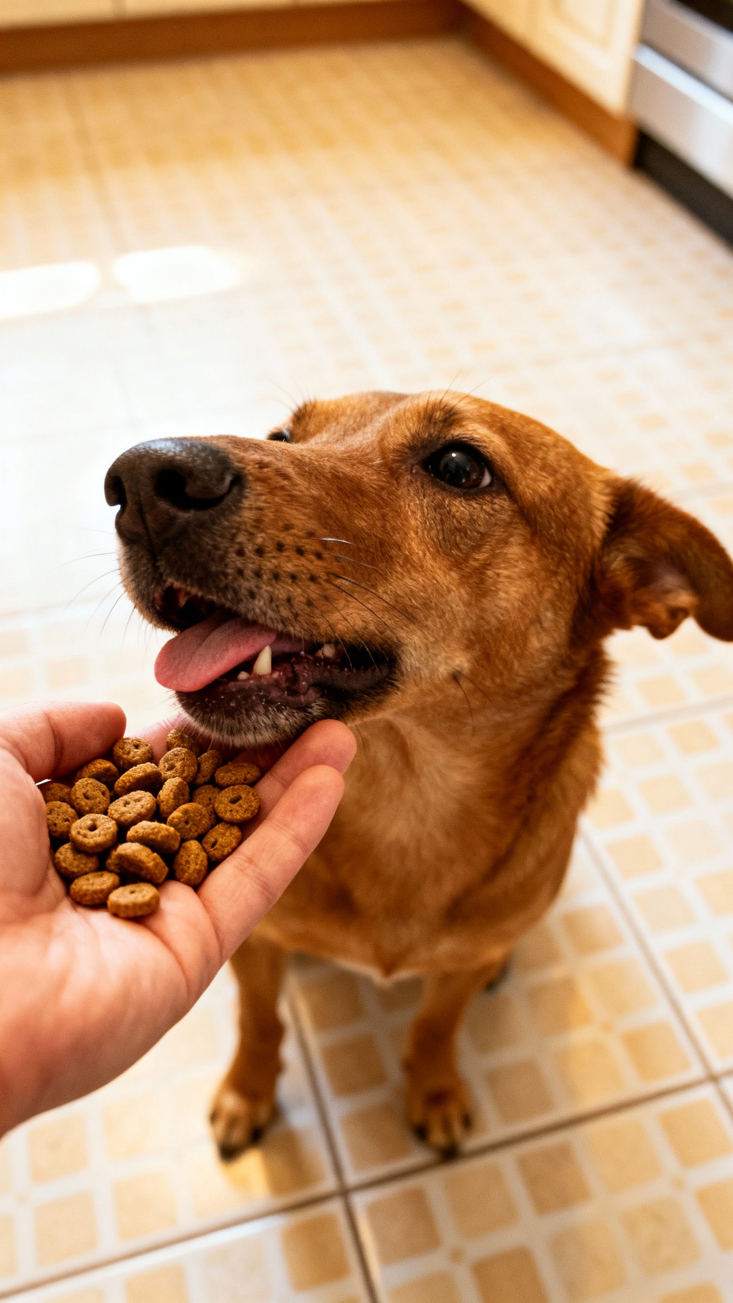 Closeup of hand-feeding kibble to medium brown dog, kitchen tile floor