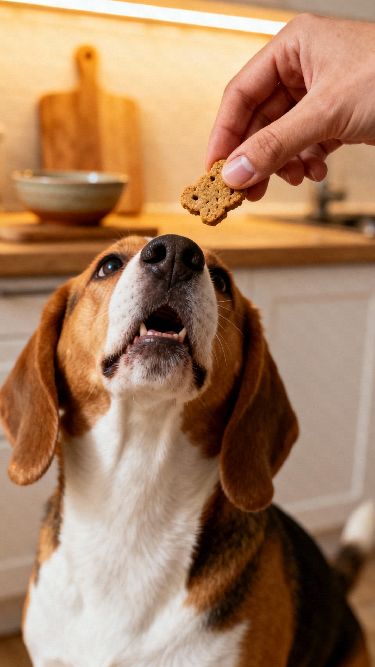 Closeup of hand offering kibble to beagle, warm kitchen light