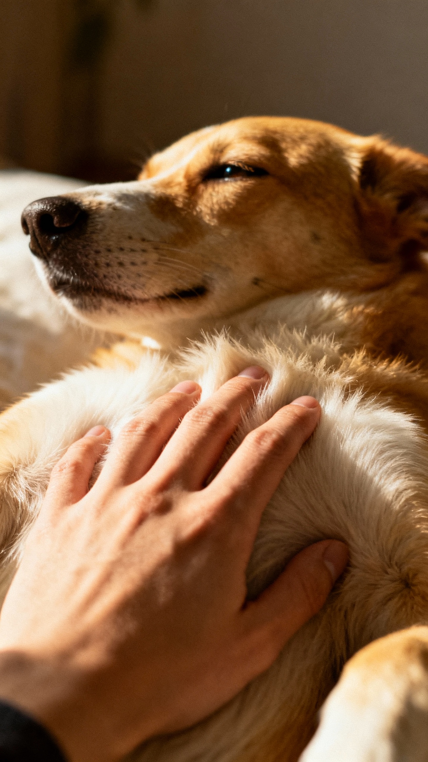Closeup of hand slowly stroking dog’s chest, soft fur, relaxed eyes