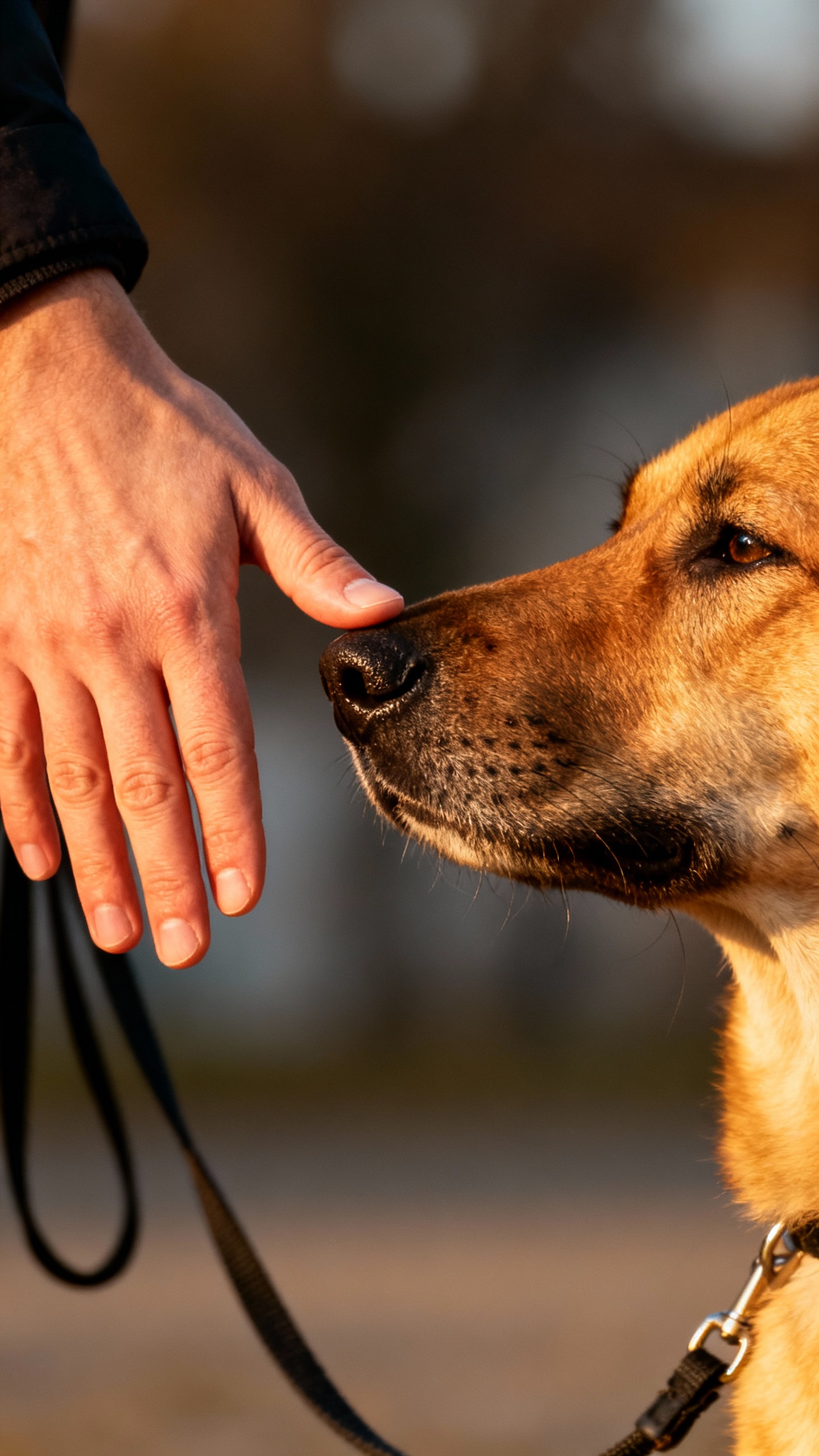 Closeup of handler’s palm “touch” cue near dog nose, leash slack