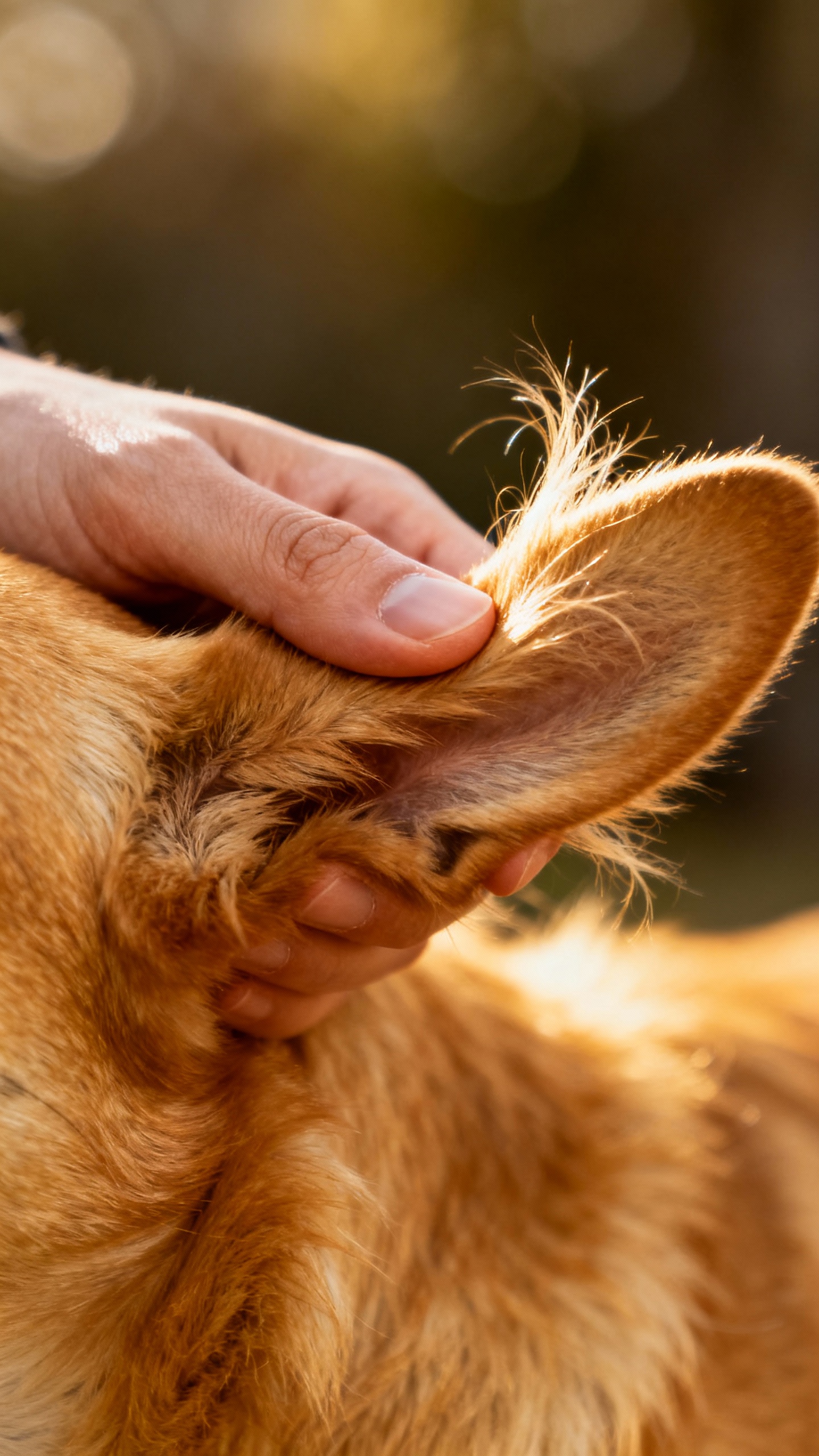 Closeup of human hand scratching dog’s ear base, soft fur