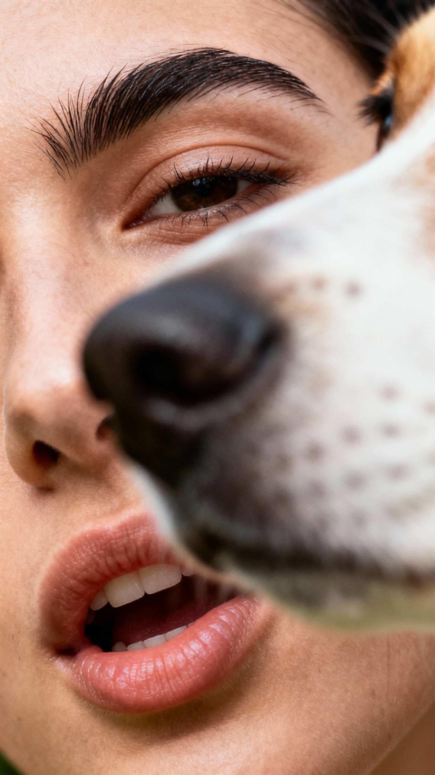 Closeup of human mouth and eyebrows speaking, dog’s snout slightly blocking view