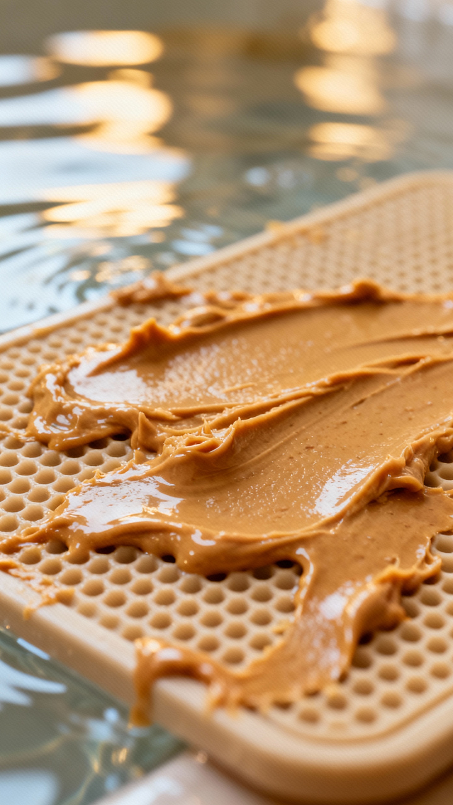 Closeup of licky mat smeared with peanut butter during bath