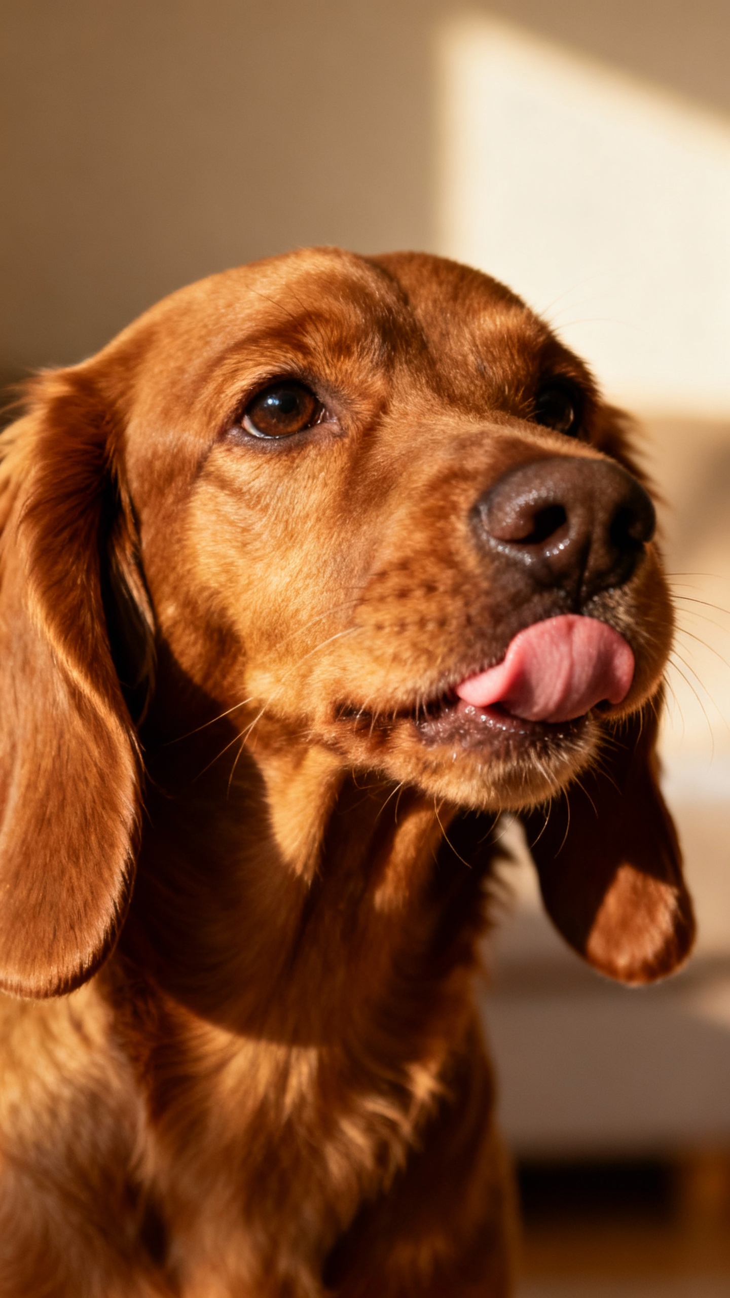 Closeup of pinned-back floppy ears with lip lick, brown spaniel, soft indoor light