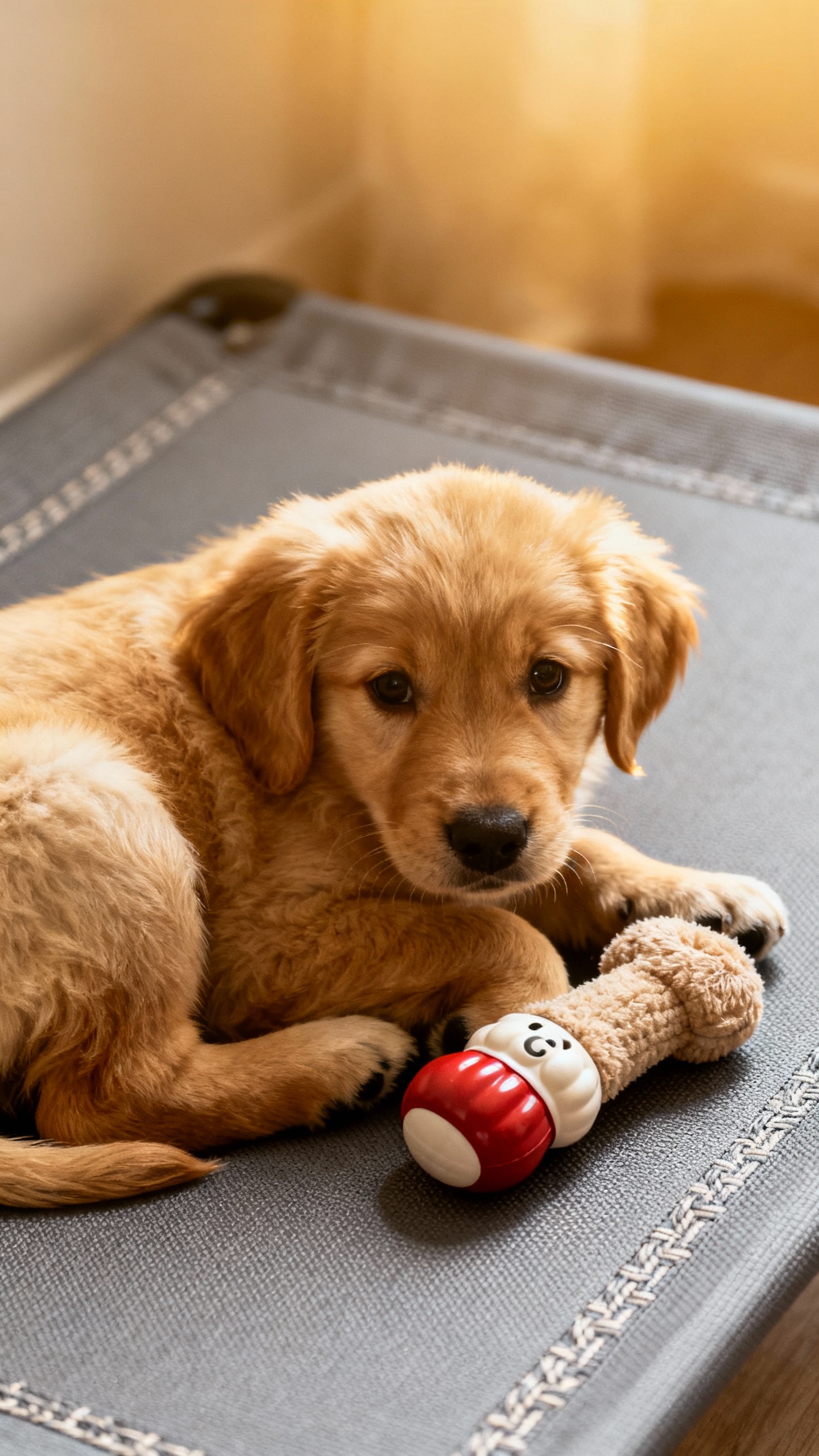 Closeup of puppy lying on gray mat, hip rolled, soft eyes, stuffed Kong chew