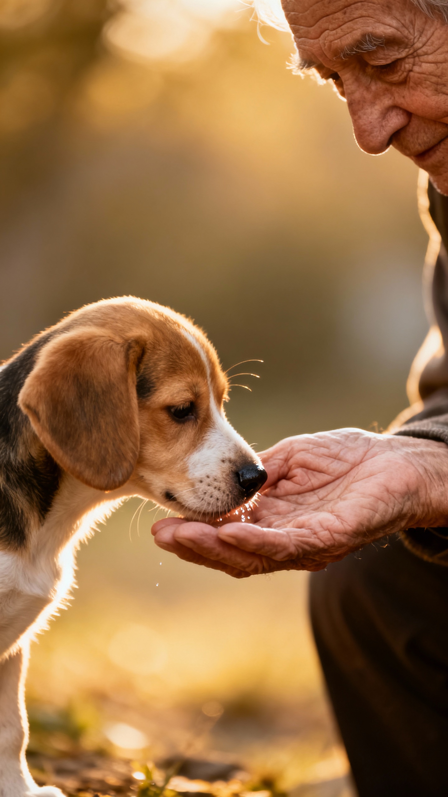 Closeup of puppy sniffing elderly man’s offered hand, soft light