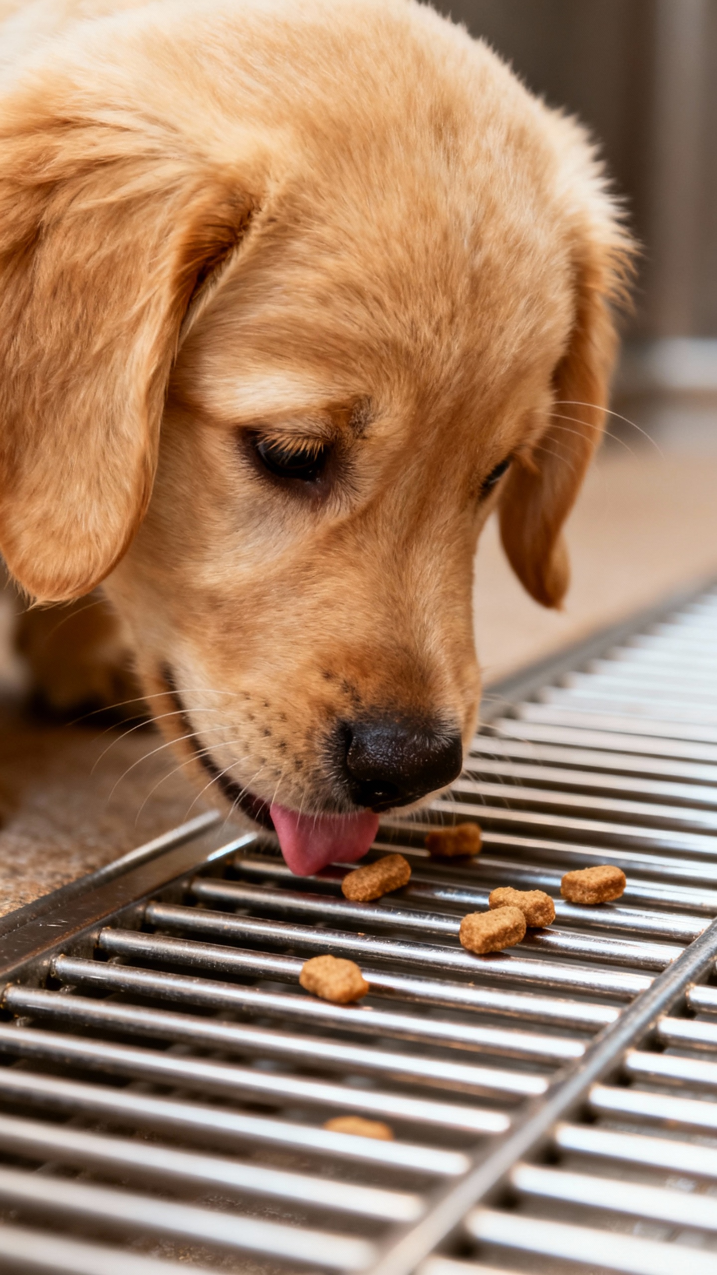 Closeup of puppy sniffing metal grate, soft lighting, treats on surface