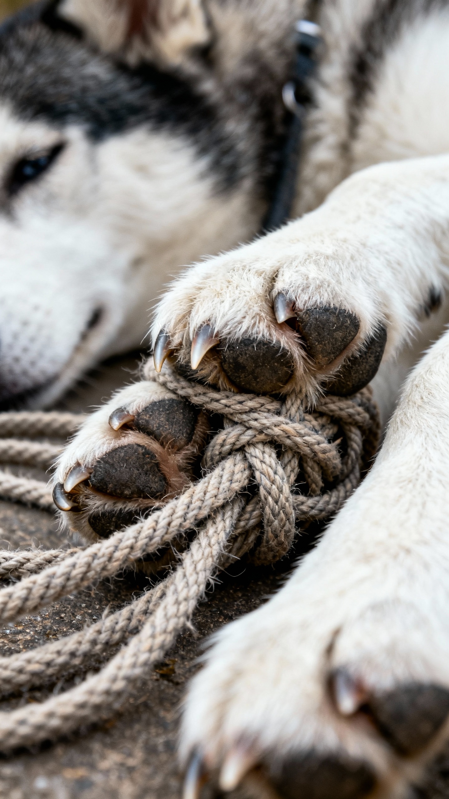 Closeup of Siberian Husky paws tangled in long-line leash