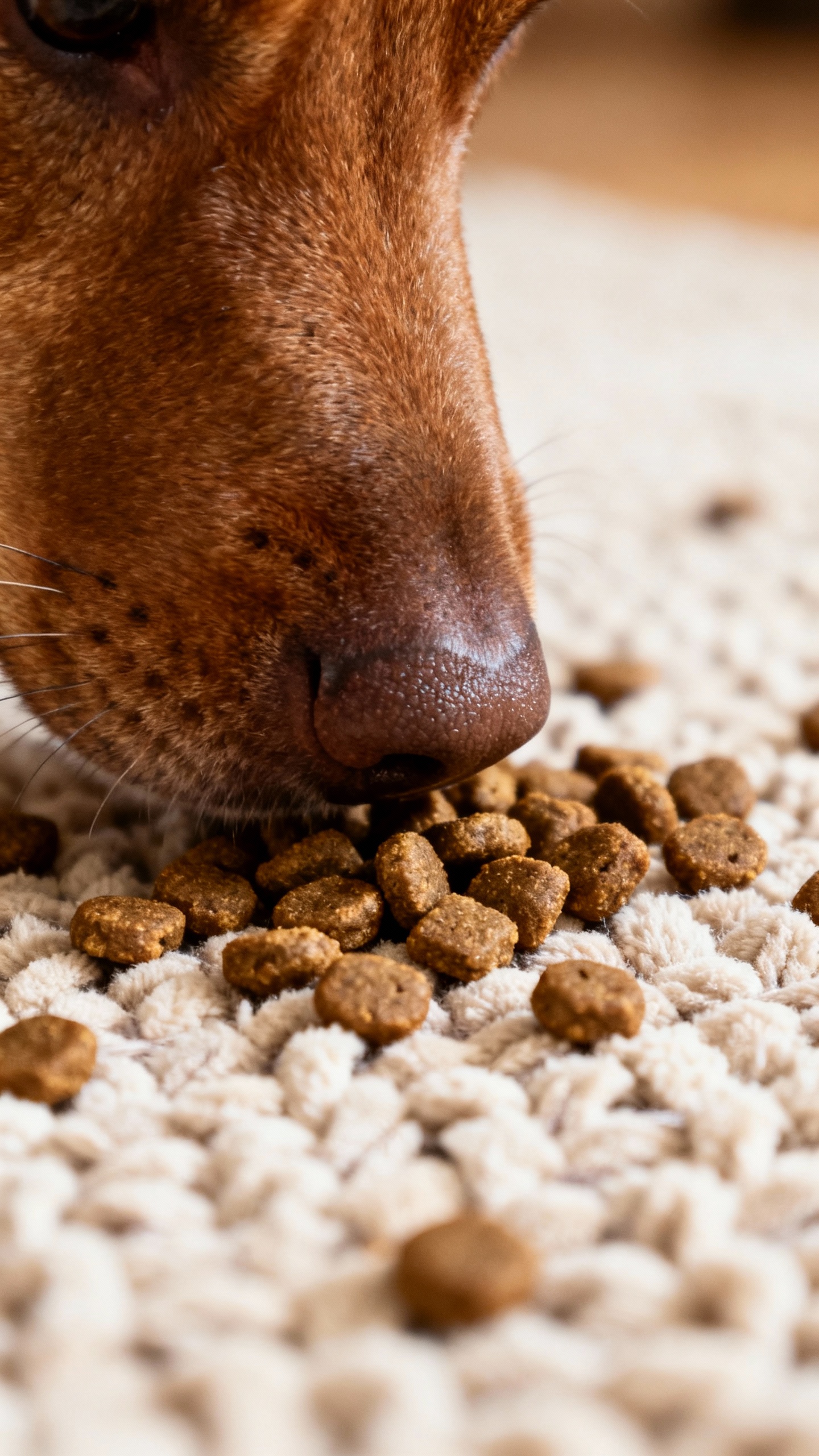 Closeup of snuffle mat with kibble, brown nose sniffing