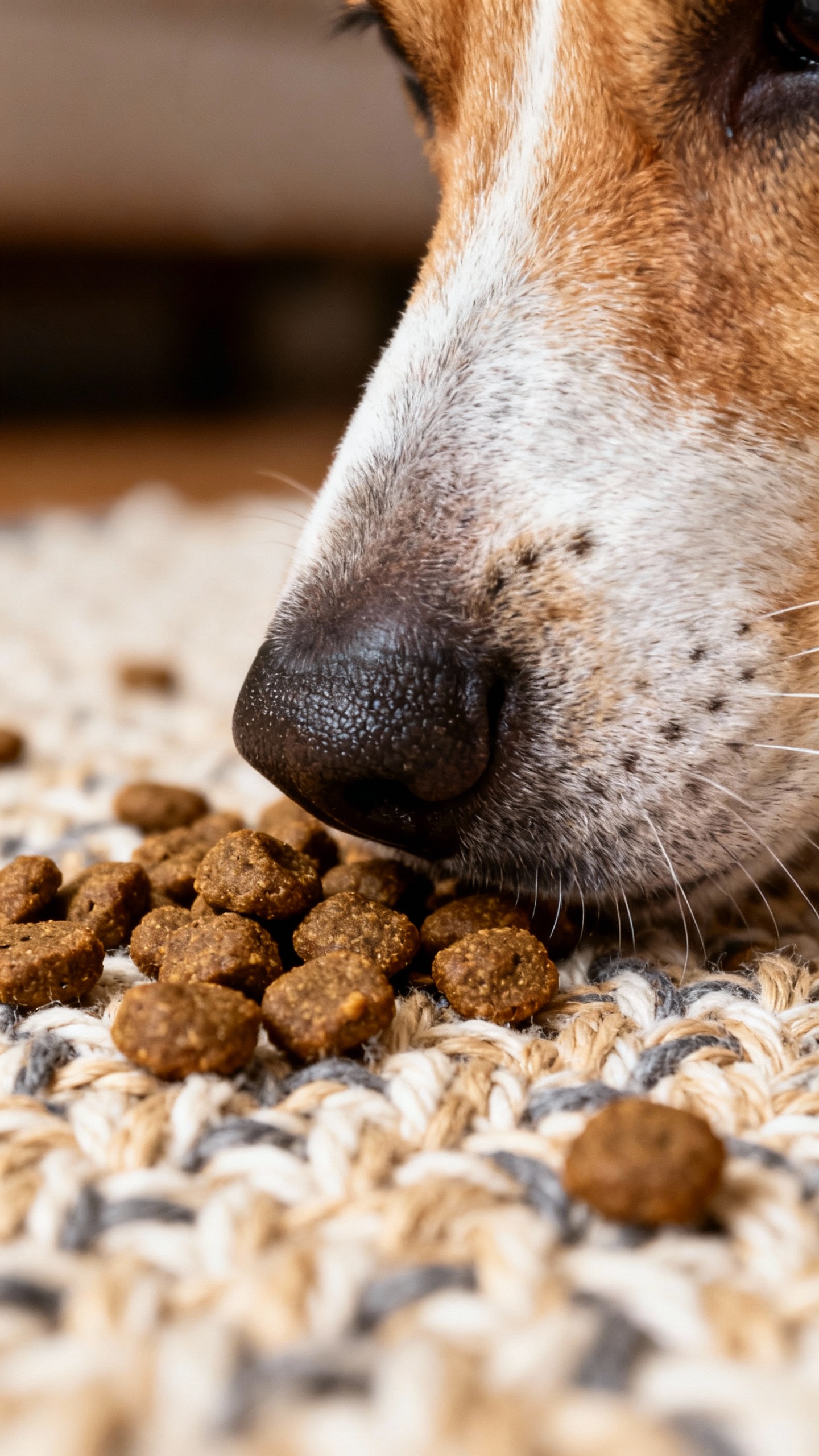 Closeup of snuffle mat with kibble, dog nose sniffing
