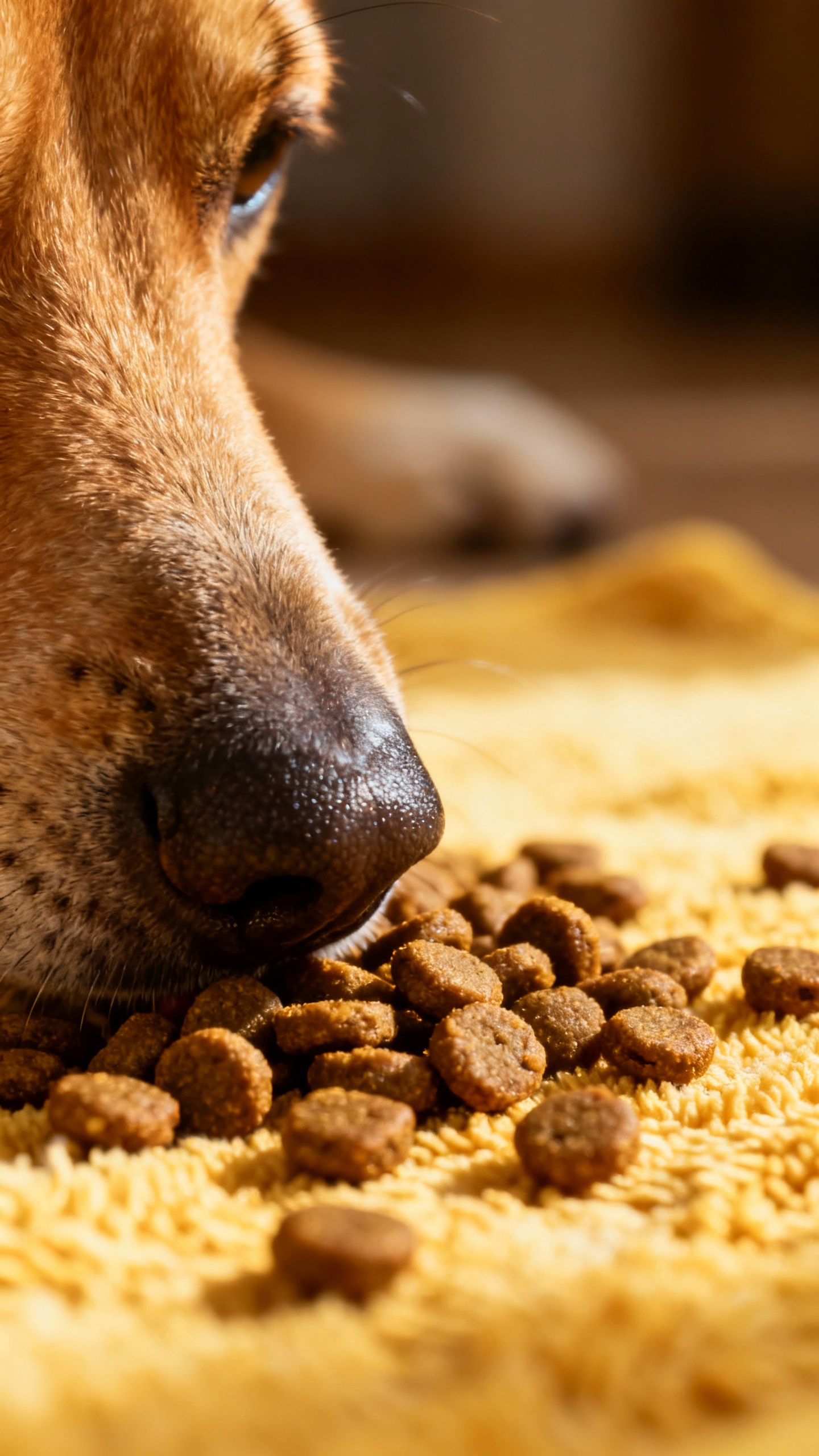 Closeup of snuffle mat with kibble, dog nose sniffing