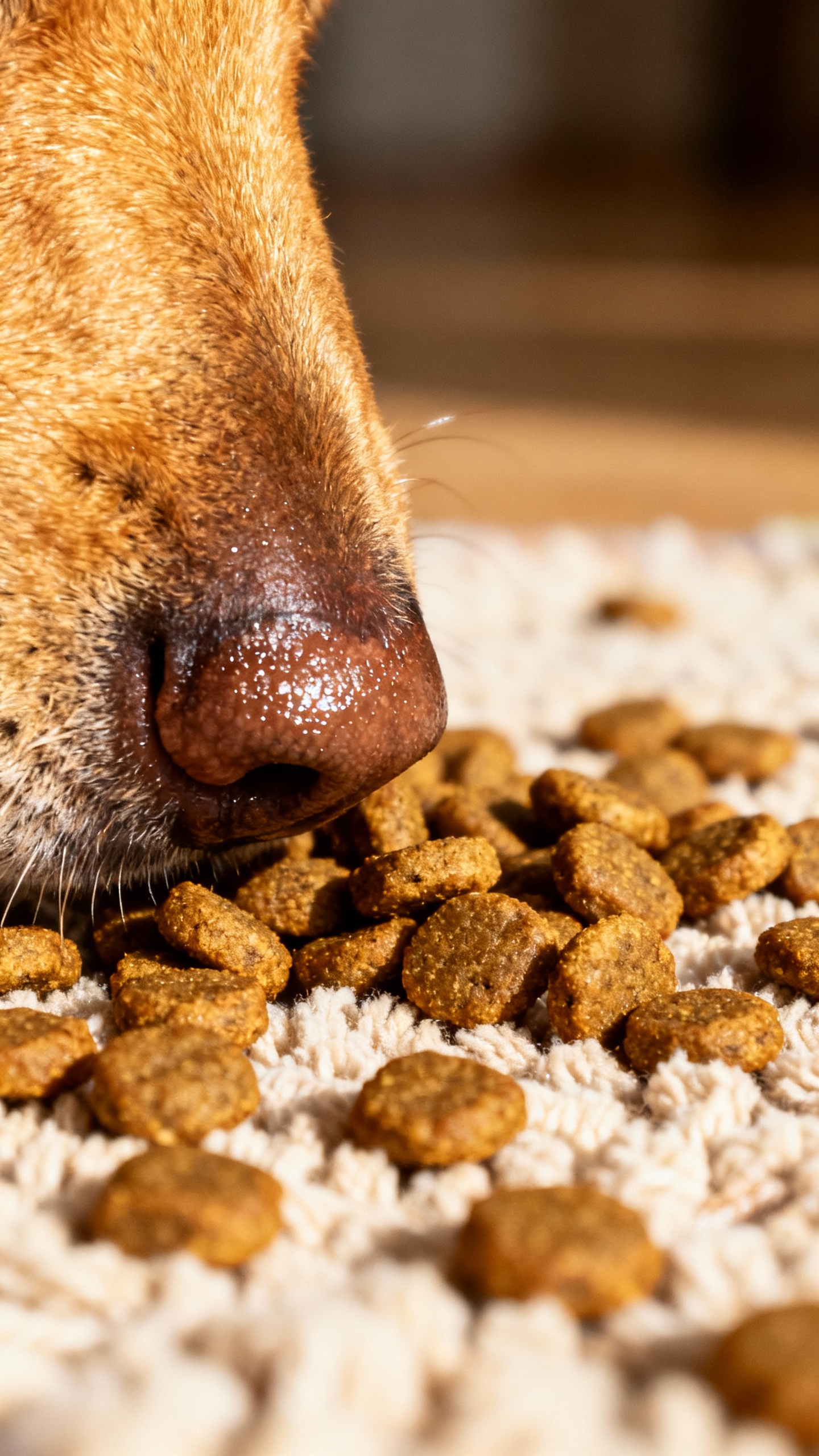 Closeup of snuffle mat with kibble, dog nose sniffing