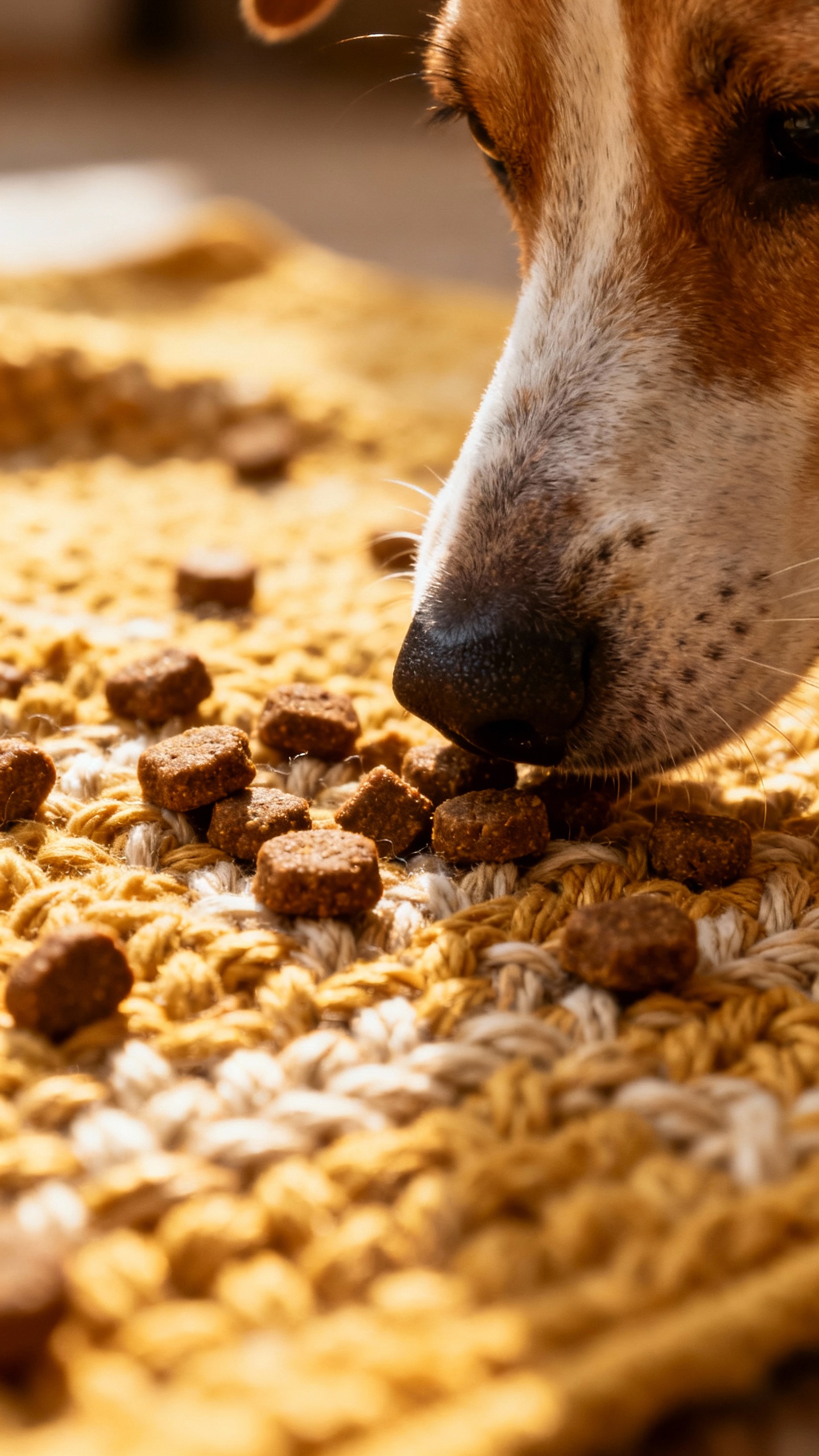 Closeup of snuffle mat with scattered treats, curious nose sniffing
