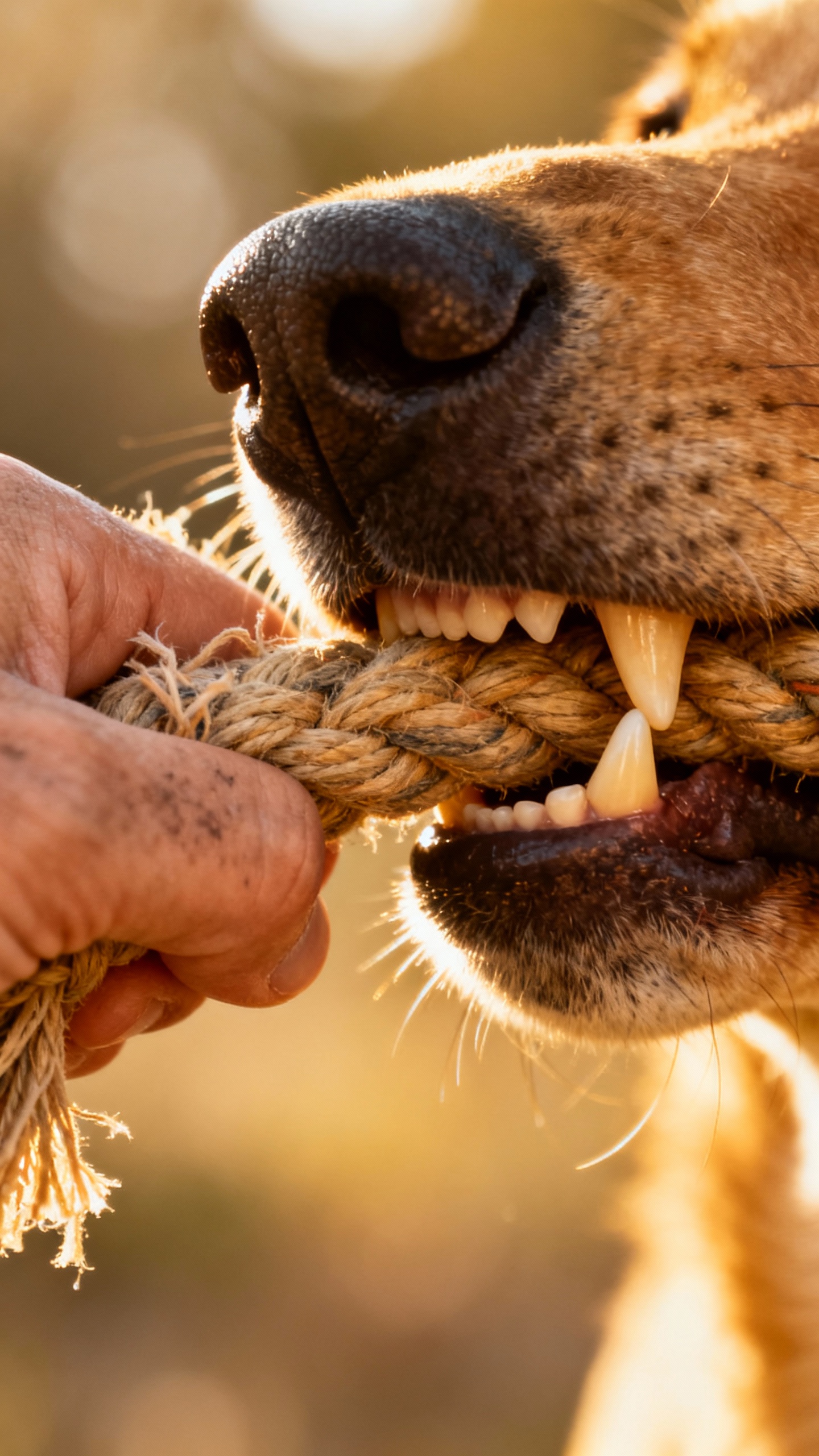 Closeup of tug-of-war rope toy, human hand gripping, dog teeth gently